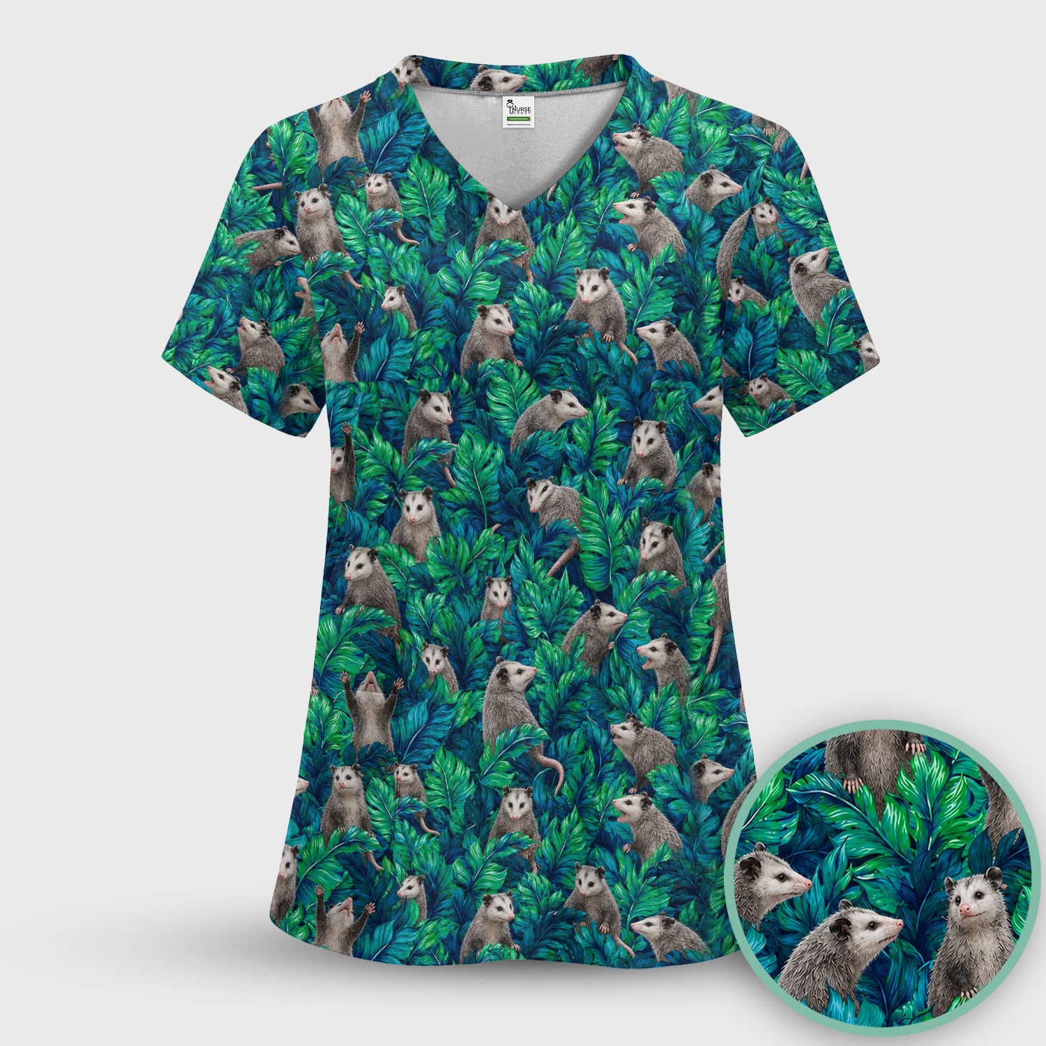 Tropical Opossum Jungle Leaves Pattern Scrub Set, Scrub Pants and V Neck Top