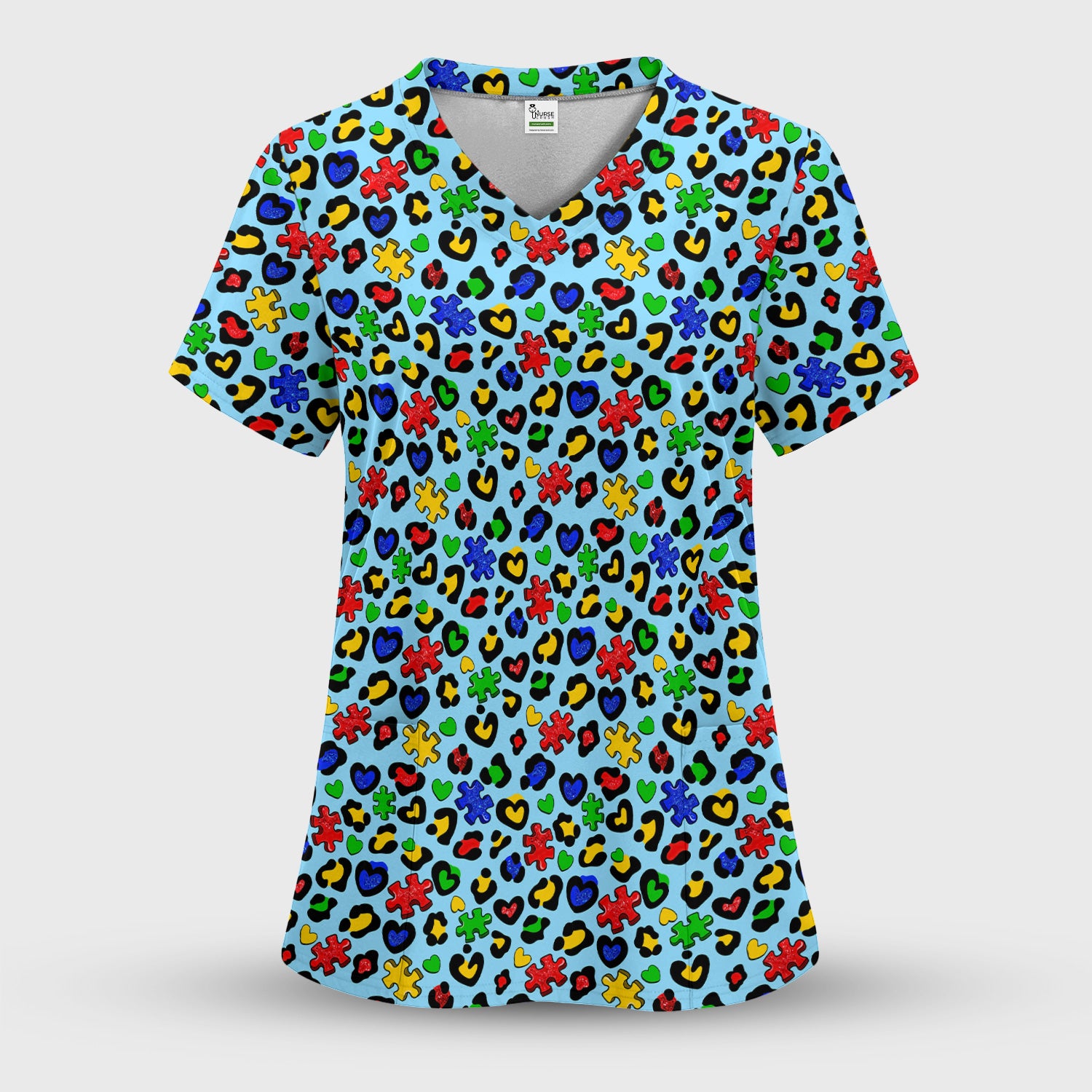 Puzzle Heart Awareness Print Scrub Top, Soft & Comfortable Scrubs for Nurses