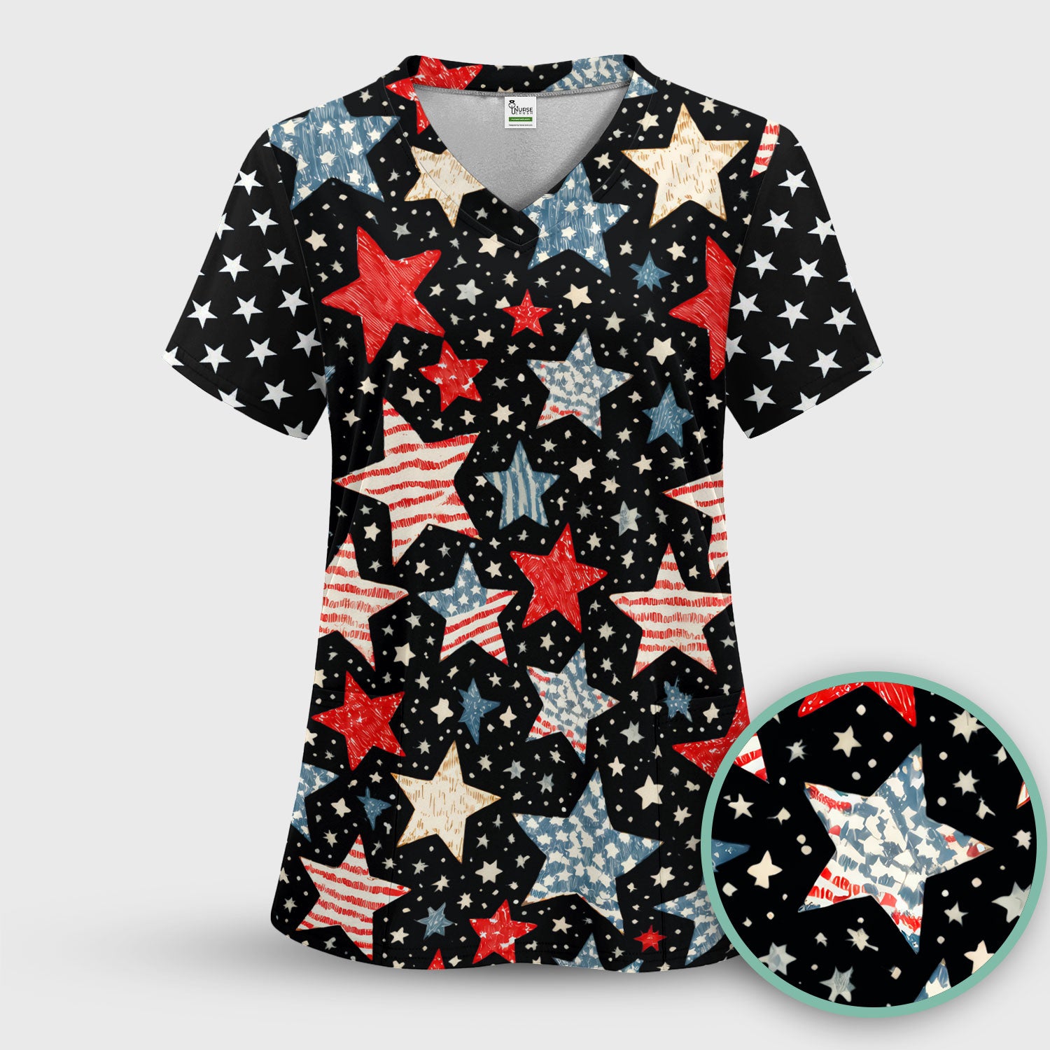 Patriotic Star Pattern Women's Scrub Set, Scrub Pants and V Neck Top