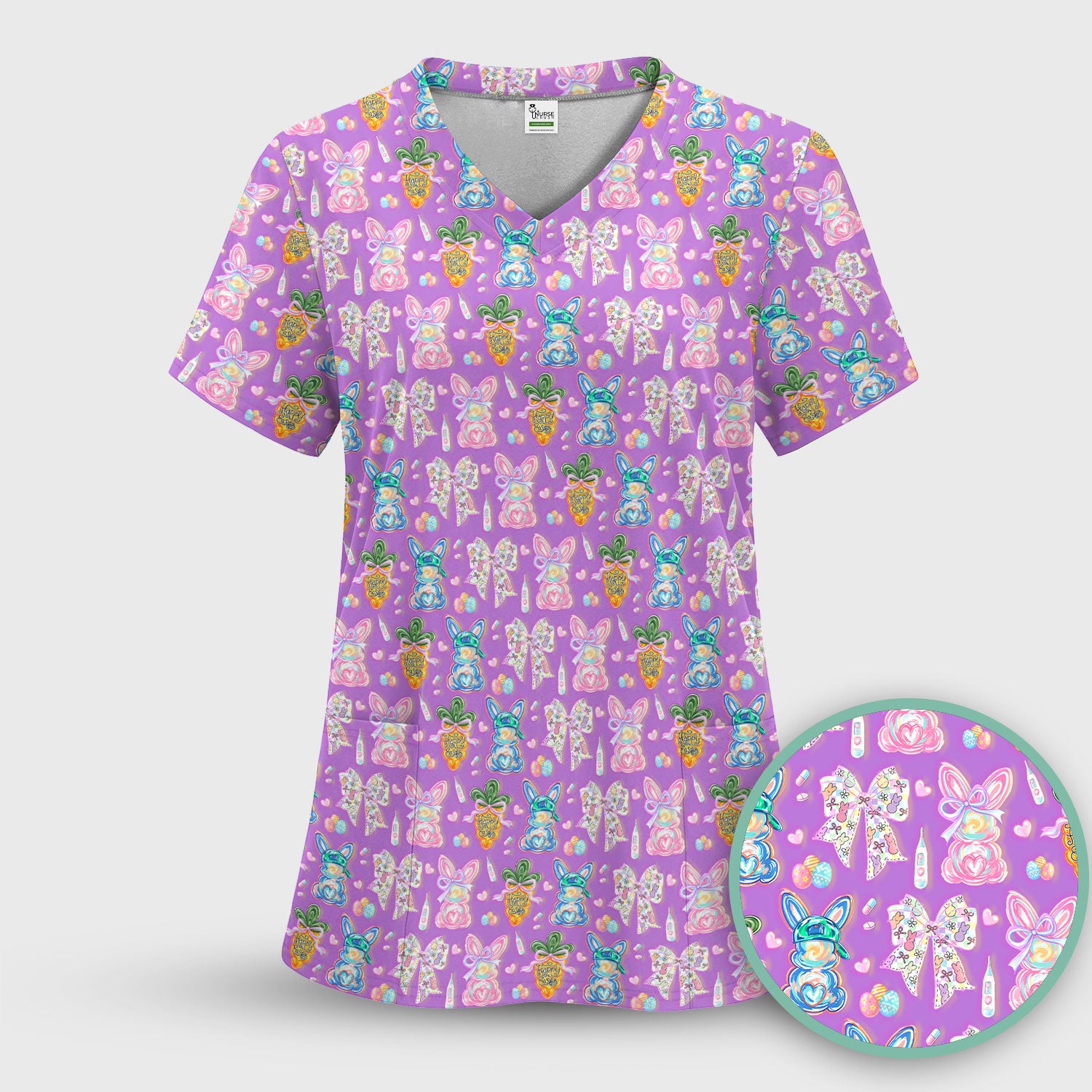 Easter Bunny Carrot Bow Floral Print Scrub Top, Comfortable Scrubs for Nurses