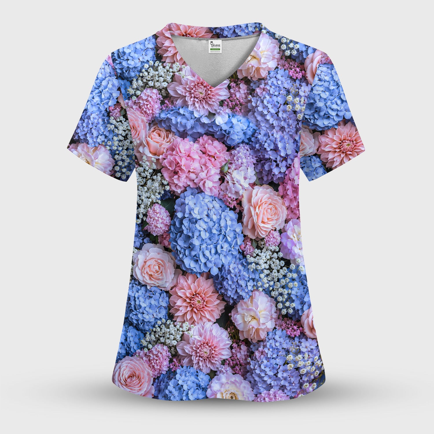 Cute Pastel Hydrangea Rose Blossom Pattern Scrub Top, Comfortable Scrubs for Nurses