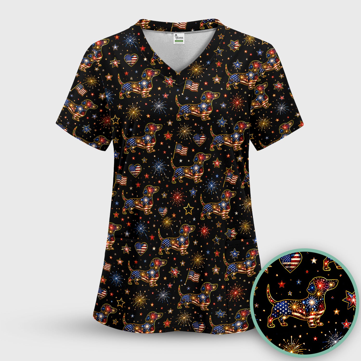 Patriotic Dachshund Nurse for RN & CNA, Fireworks Dog Lover Healthcare Uniform Scrub Top, Comfortable Scrubs for Nurses