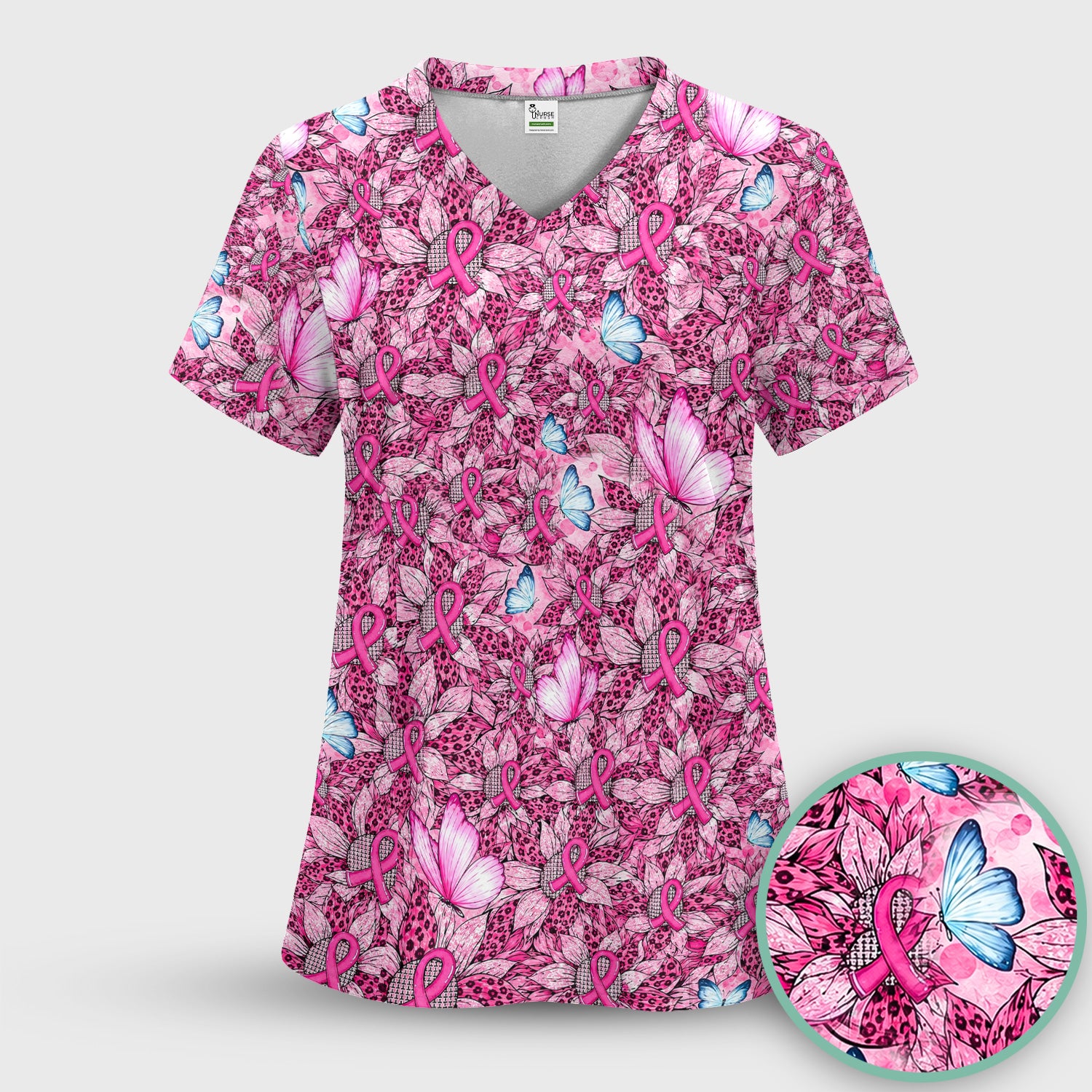Pink Ribbon Butterfly Breast Cancer Scrub Set, Scrub Pants and V Neck Top