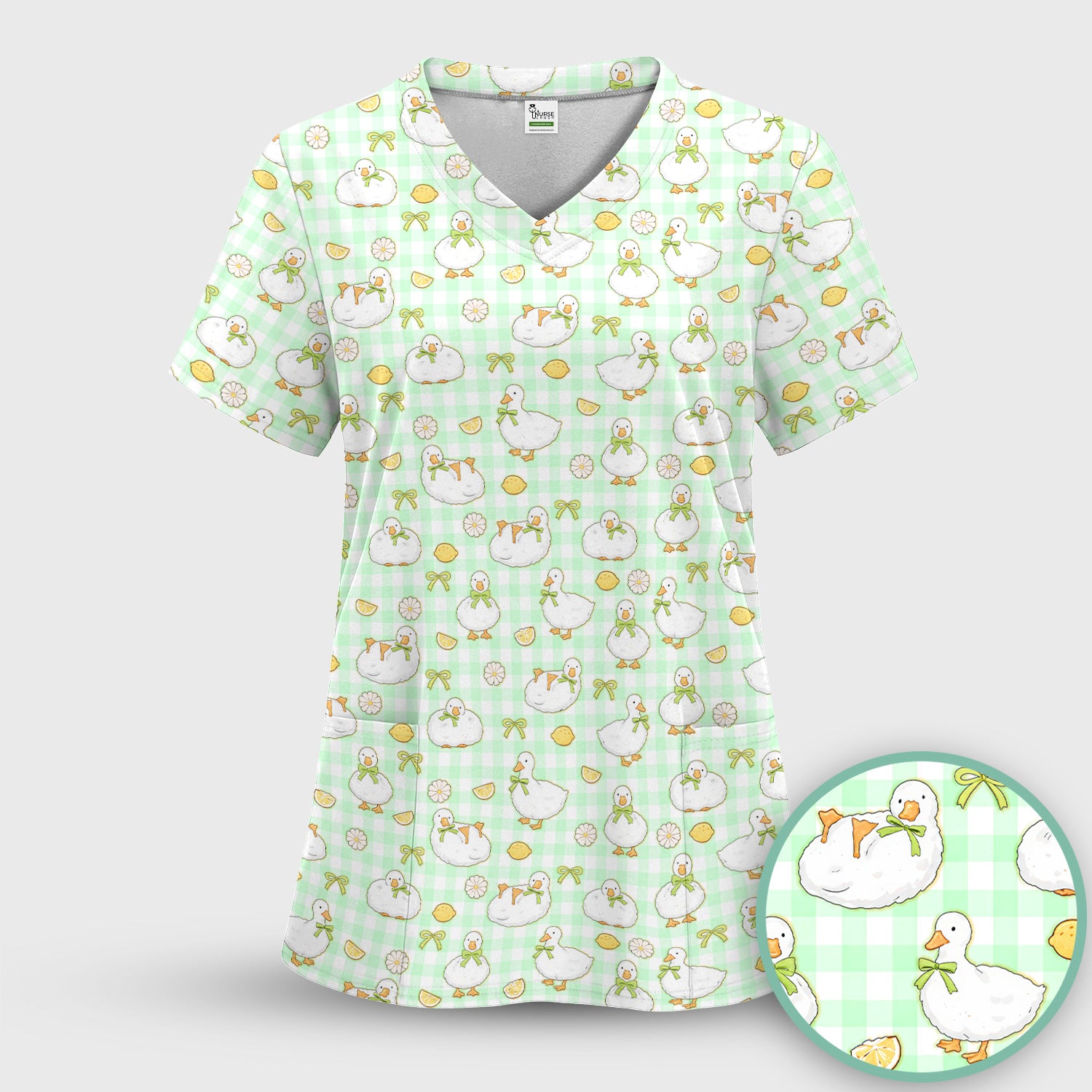 Adorable Ducks Lemon Daisy Pattern Scrubs Top, Comfortable Scrubs for Nurses