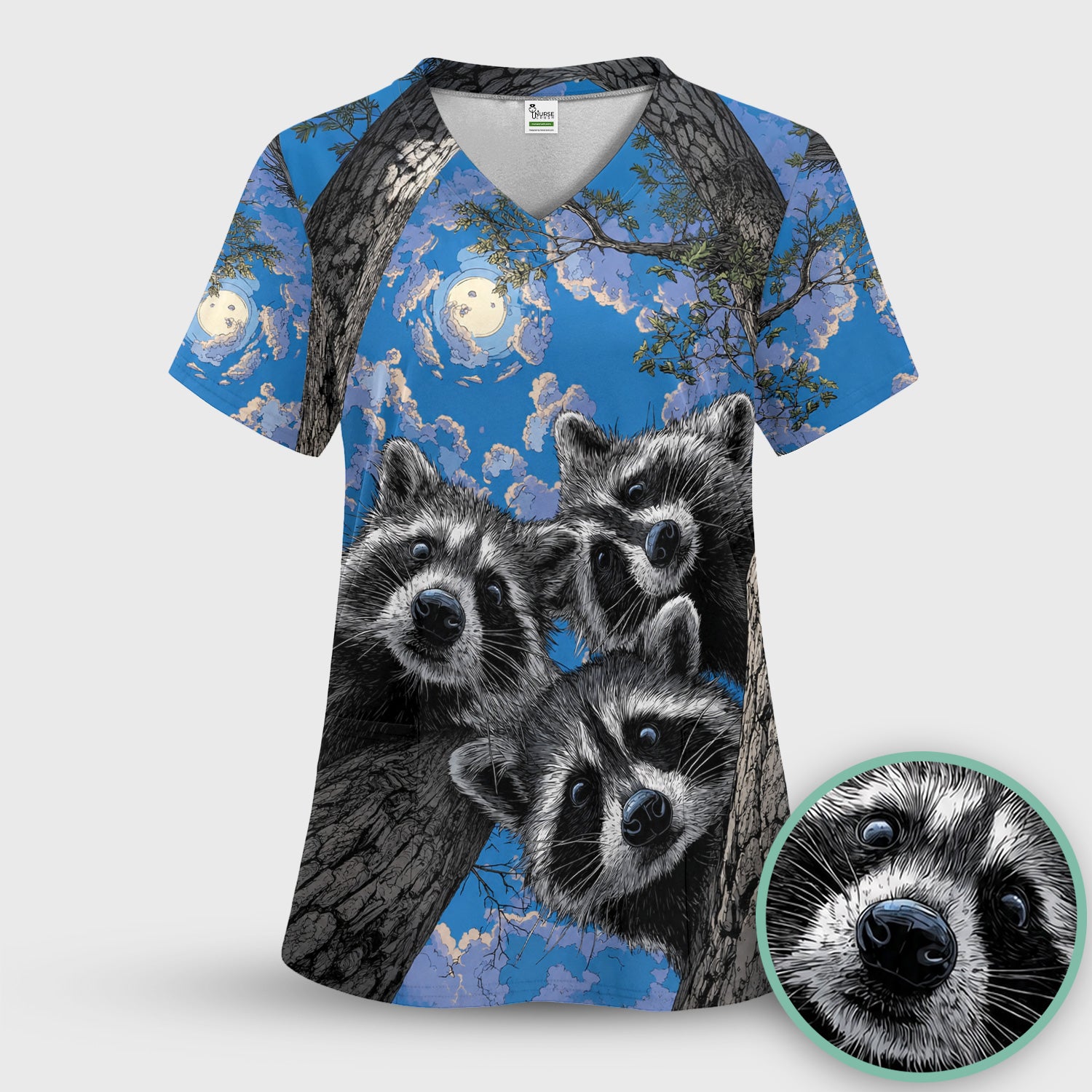 Cute Raccoon Tree Veterinary Pattern Scrub Set, Scrub Pants and V Neck Top
