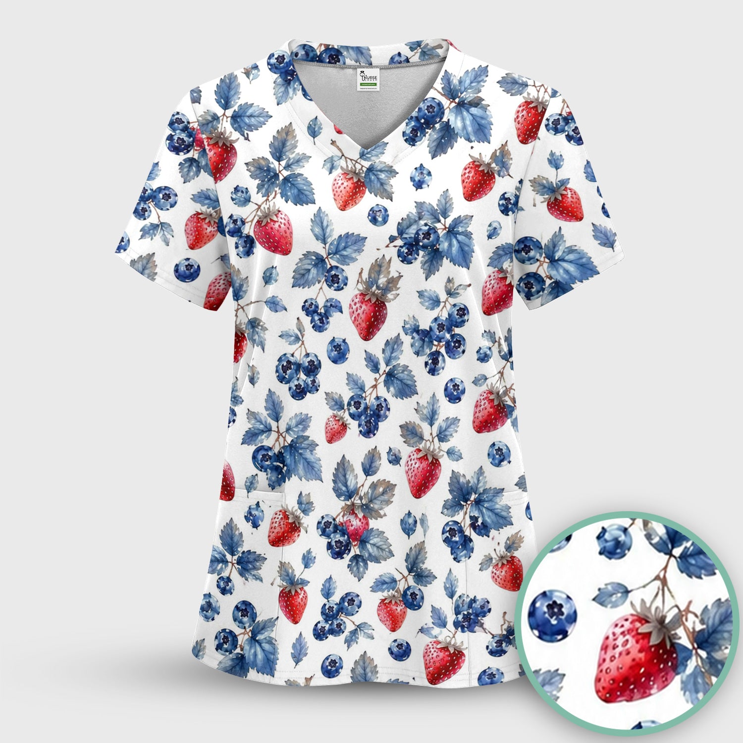Cute Strawberry & Blueberry Leaf Pattern Scrub Top, Comfortable Scrubs for Nurses