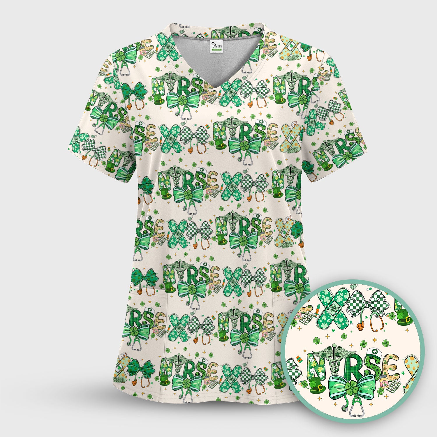 St. Patrick’s Nurse Scrub Top, Lucky Clover And Green Bow Pattern Nurse Shirt, Breathable Fabrics Nursing Uniform