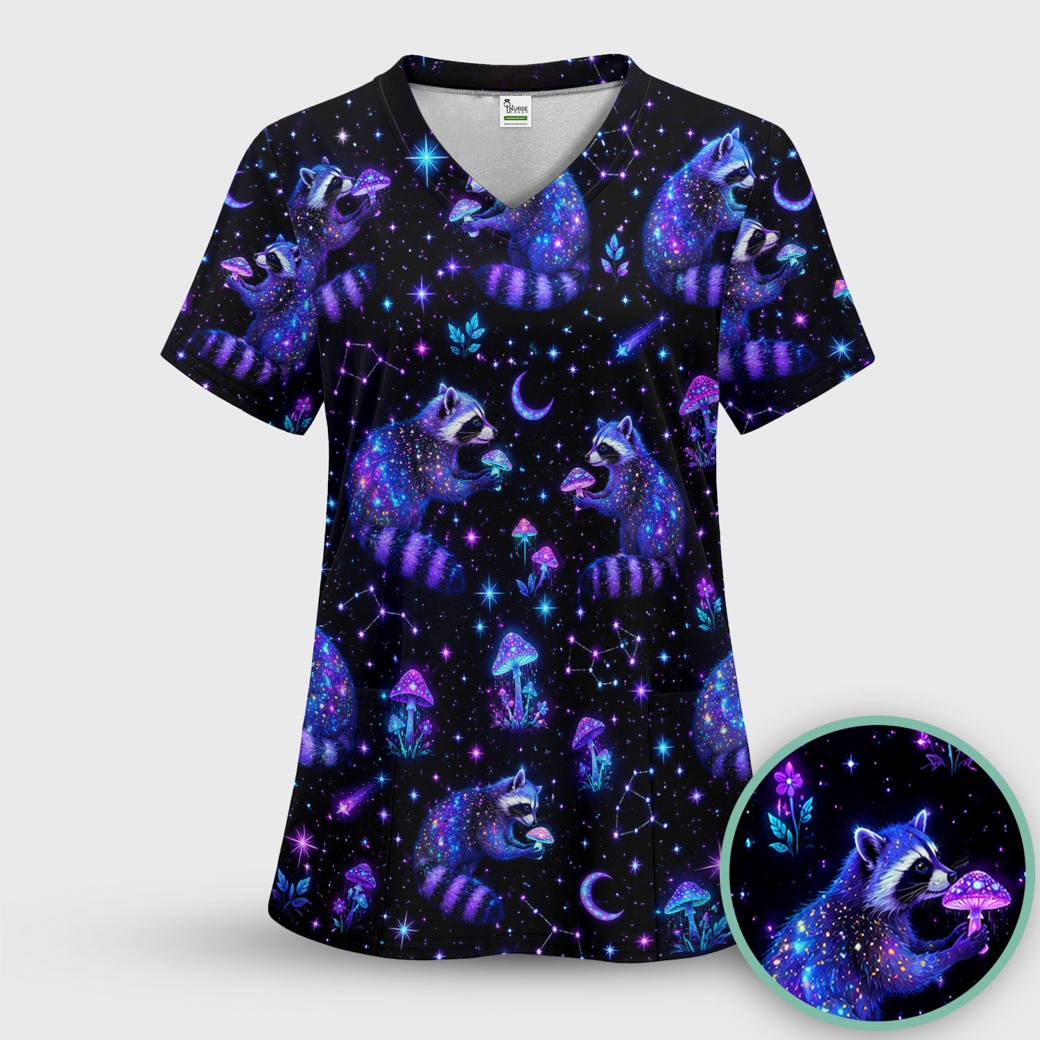 Galaxy Raccoon With Mushroom Night Scrub Set, Scrub Pants and V Neck Top