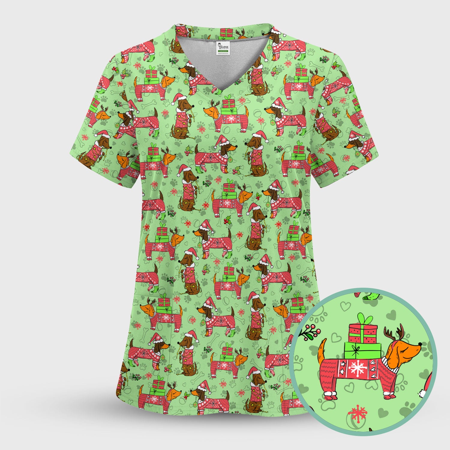 Holiday Dachshund Scrub Top for Nurses - Christmas Sausage Dog Santa with Paw Prints - Funny Medical Shirt RN LPN CNA Gift