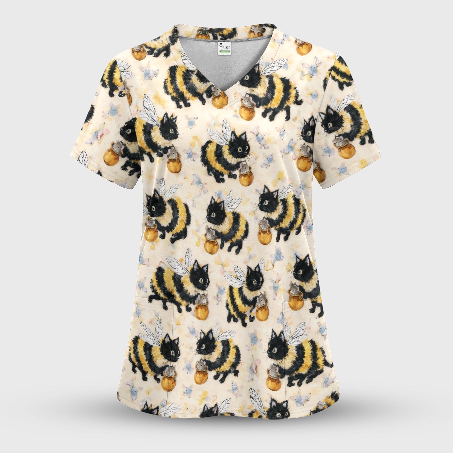 Adorable Nurse Bumblebee Cat Honey Jar Winged Pattern Scrub Top, Comfortable Scrubs for Nurses