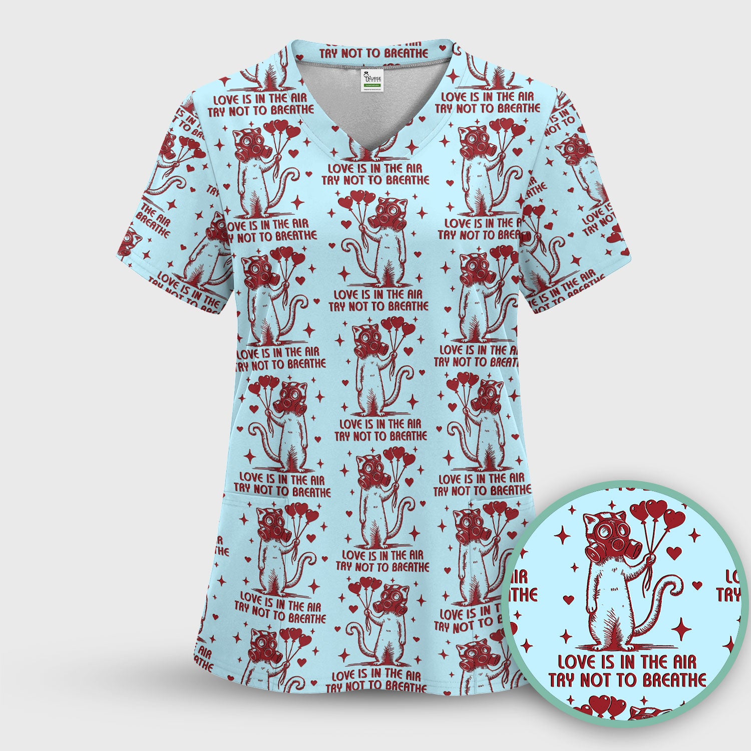 Gas Mask Cat Heart Balloon Valentine Print Scrub Set, Breathable Med Uniform