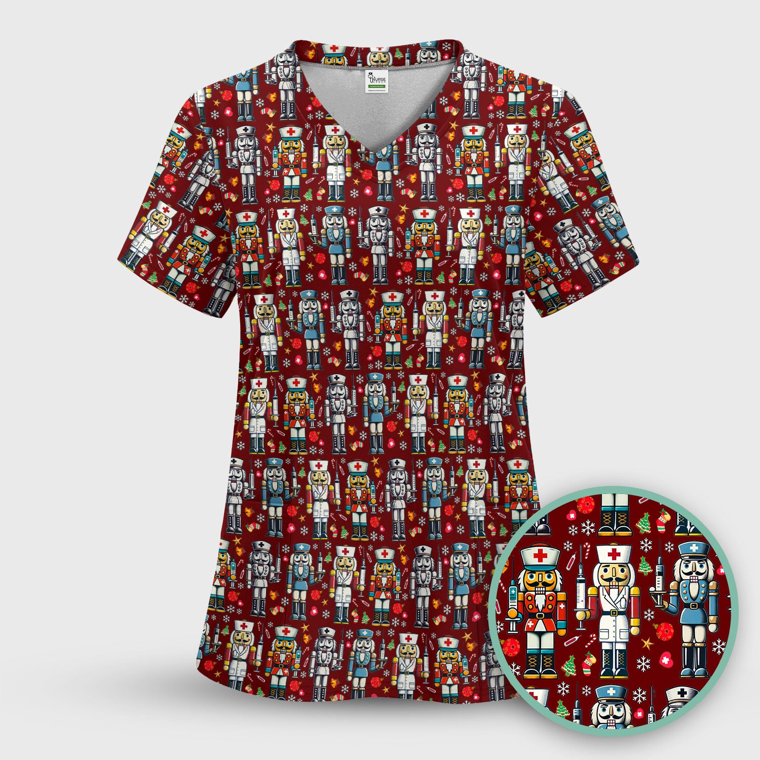 Funny Nutcracker Christmas Scrub Top – Cute Holiday Nurse Pattern Shirt – Festive Medical Uniform for RN, LPN, CNA, and Healthcare Workers