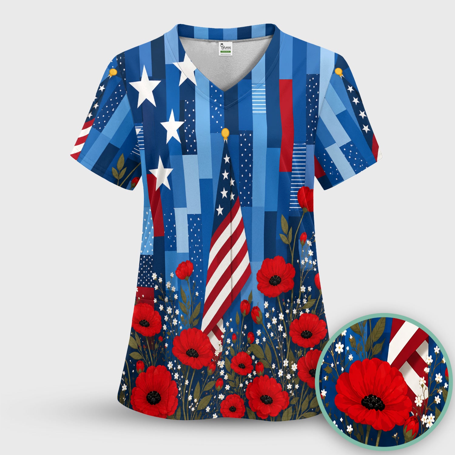 Patriotic Nurse Flag Poppy Pattern Scrub Set, Scrub Pants and V Neck Top