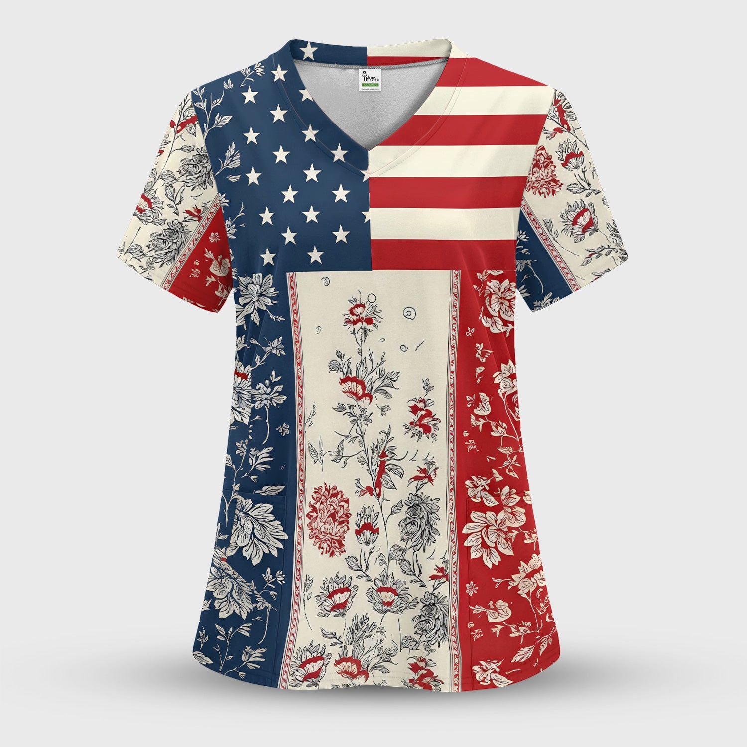 Patriotic Nurse Flag Patchwork Pattern Scrub Set, Scrub Pants and V Neck Top