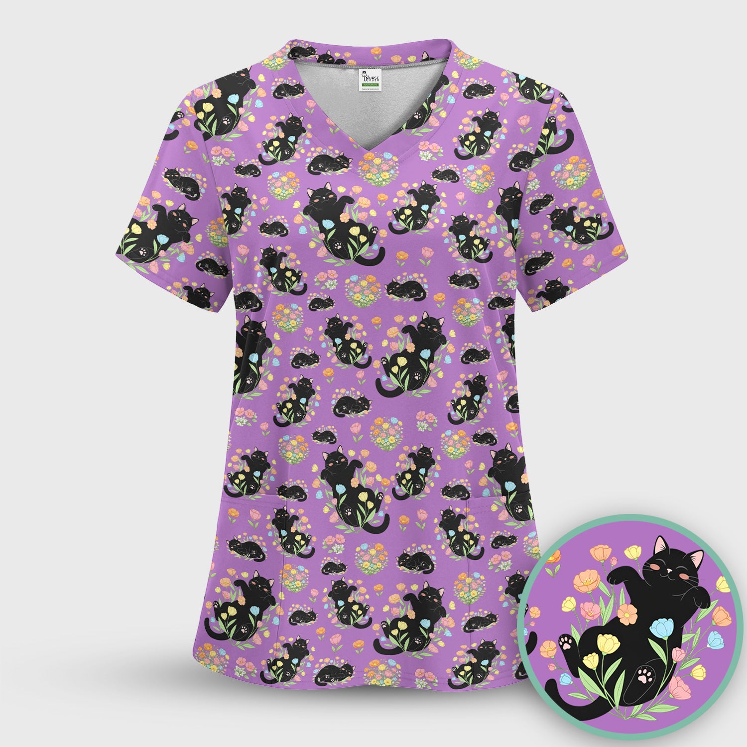 Cats With Cute Poses Floral Pattern Scrubs Top, Comfortable Scrubs for Nurses