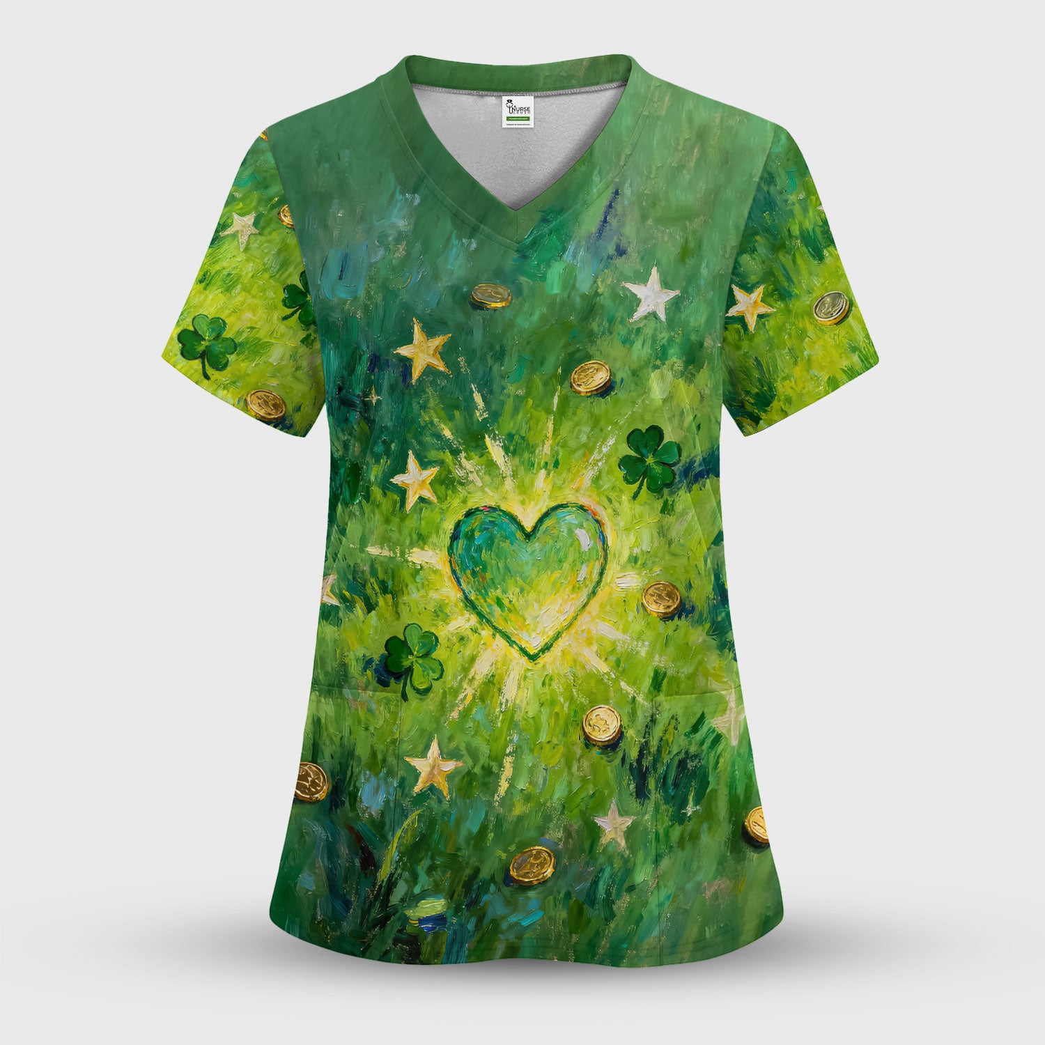 St. Patrick Lucky Shamrock Heart Scrub Top, Comfortable Scrubs for Nurses