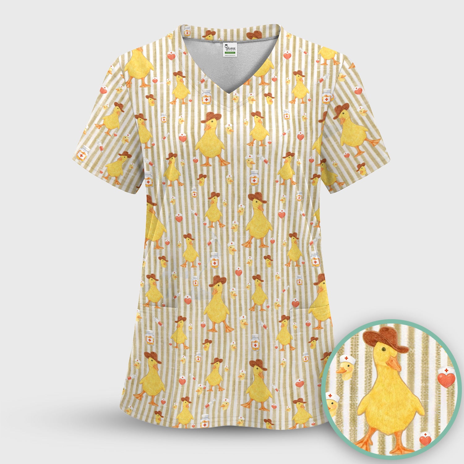 Cowboy Ducktor Vertical Stripe Pattern Scrub Top, Comfortable Scrubs for Nurses