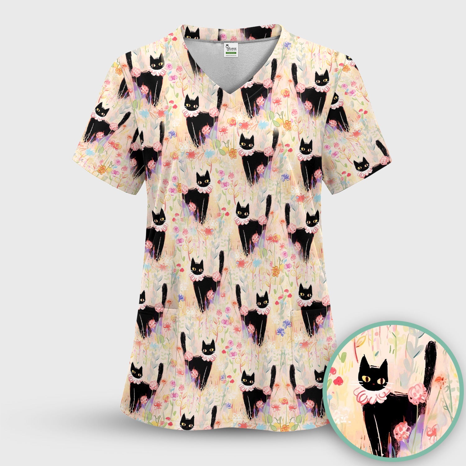Black Cat Floral Garden Nurse Pattern Scrub Top, Breathable Medical Scrubs