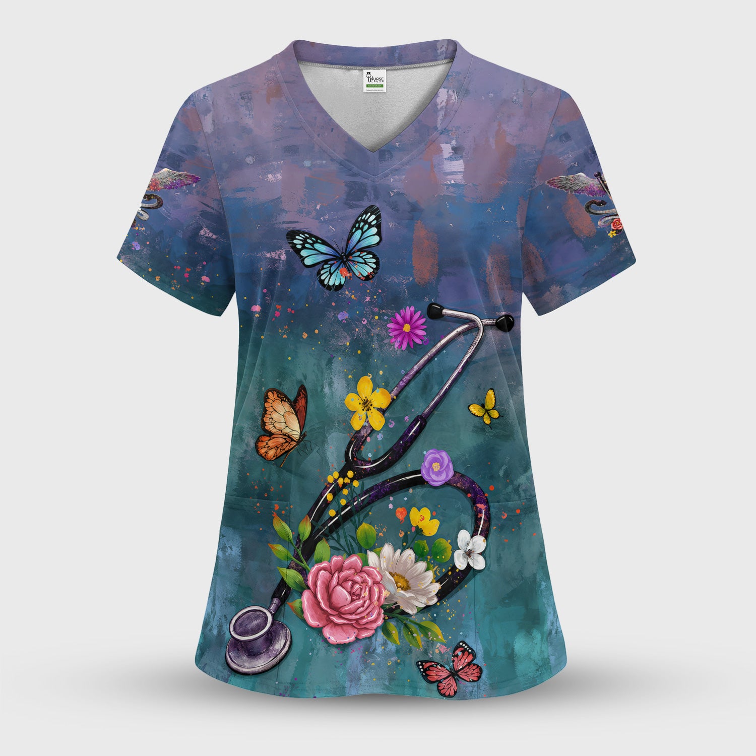 Floral Stethoscope Nurse Pattern Scrub Set, Scrub Pants and V Neck Top
