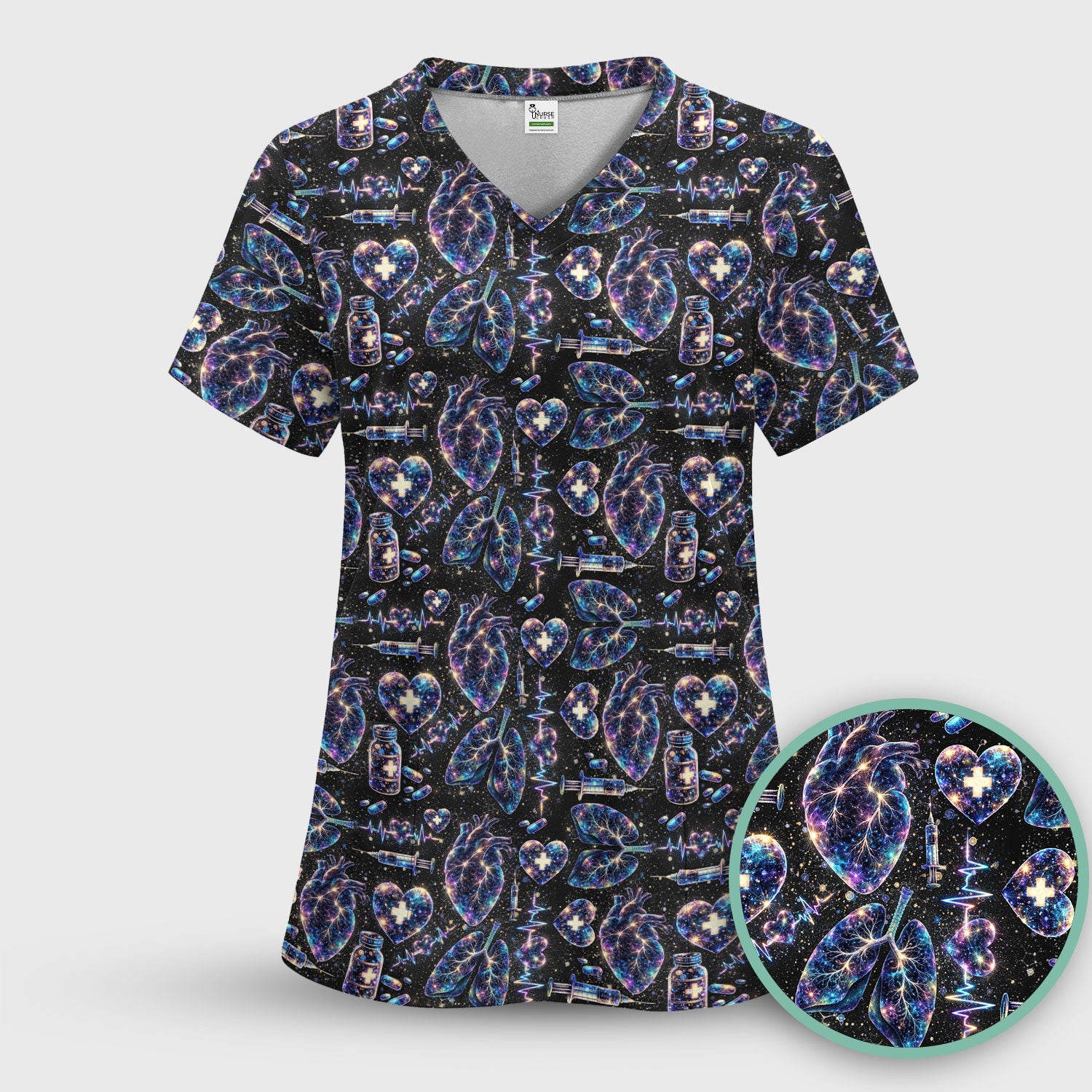Galaxy Anatomical Heart Lung Syringe Print Scrub Top, Breathable Fabrics Nursing Uniform