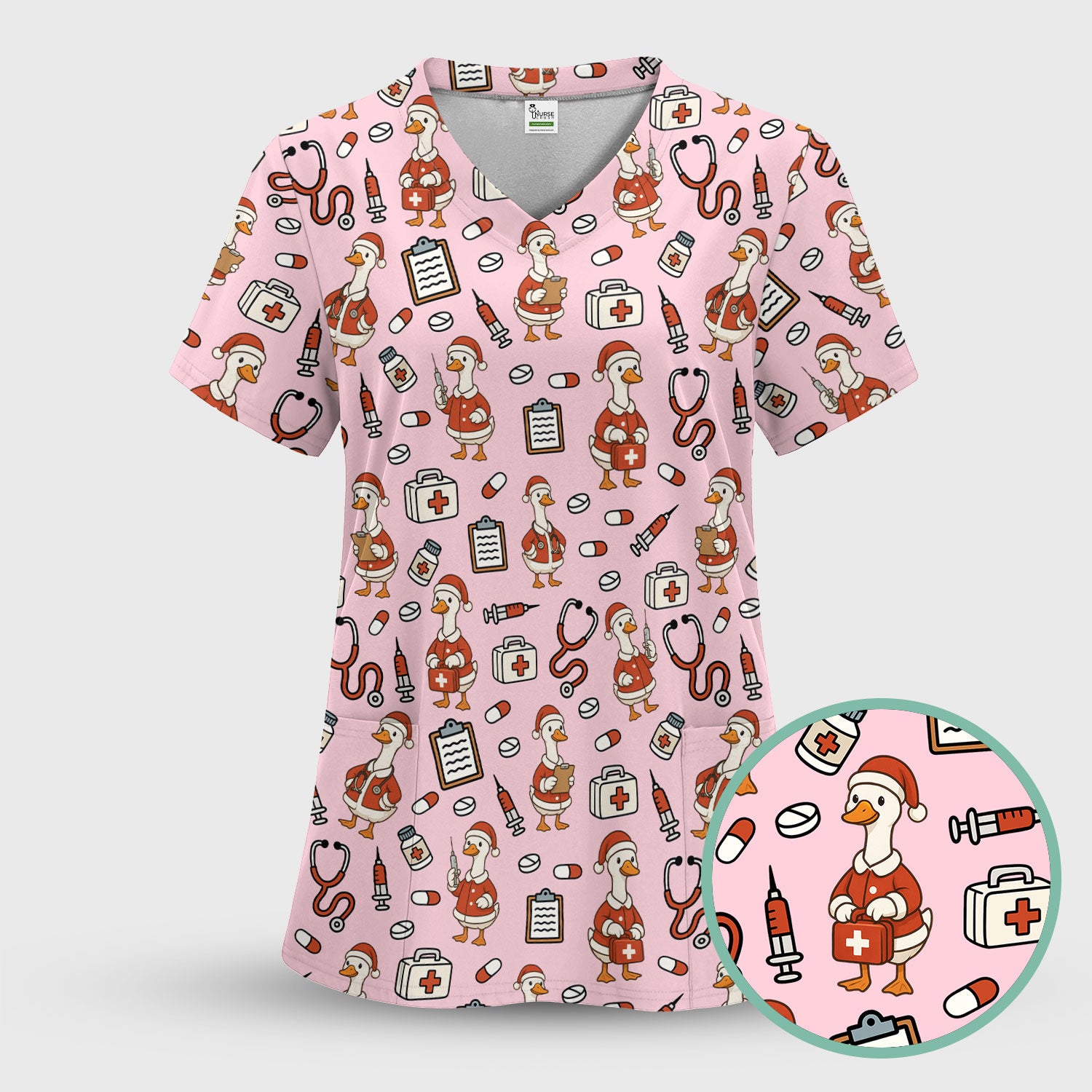 Christmas Nurse Scrub Top - Funny Santa Duck Print Scrubs for Women & Men - Holiday Medical Shirt for RN CNA Doctor, Cute Xmas Gift Idea