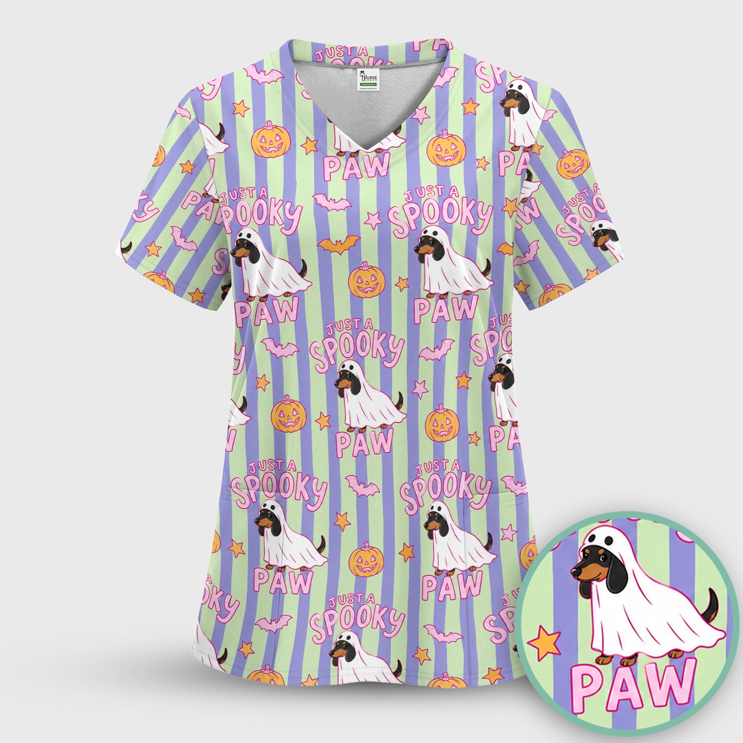 Just A Spooky Dachshund Paw Print Scrub Top, Comfortable Scrubs for Nurses