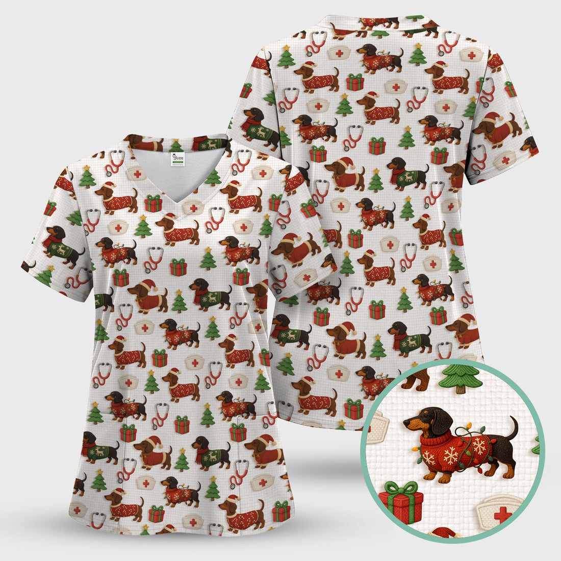 Custom Nurse Scrubs for Women - Dachshund Dog Christmas Print with Gifts & Holiday Tree - Multi Color Nursing Shirt Gift Idea