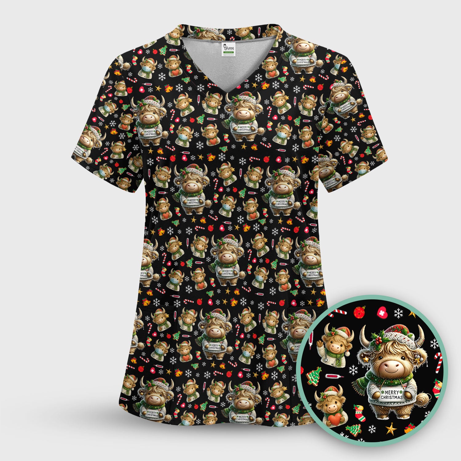 Highland Cow Christmas Scrub Top, Festive Cow Nurse Shirt With Holiday Pattern, Cute Medical Uniform For Women