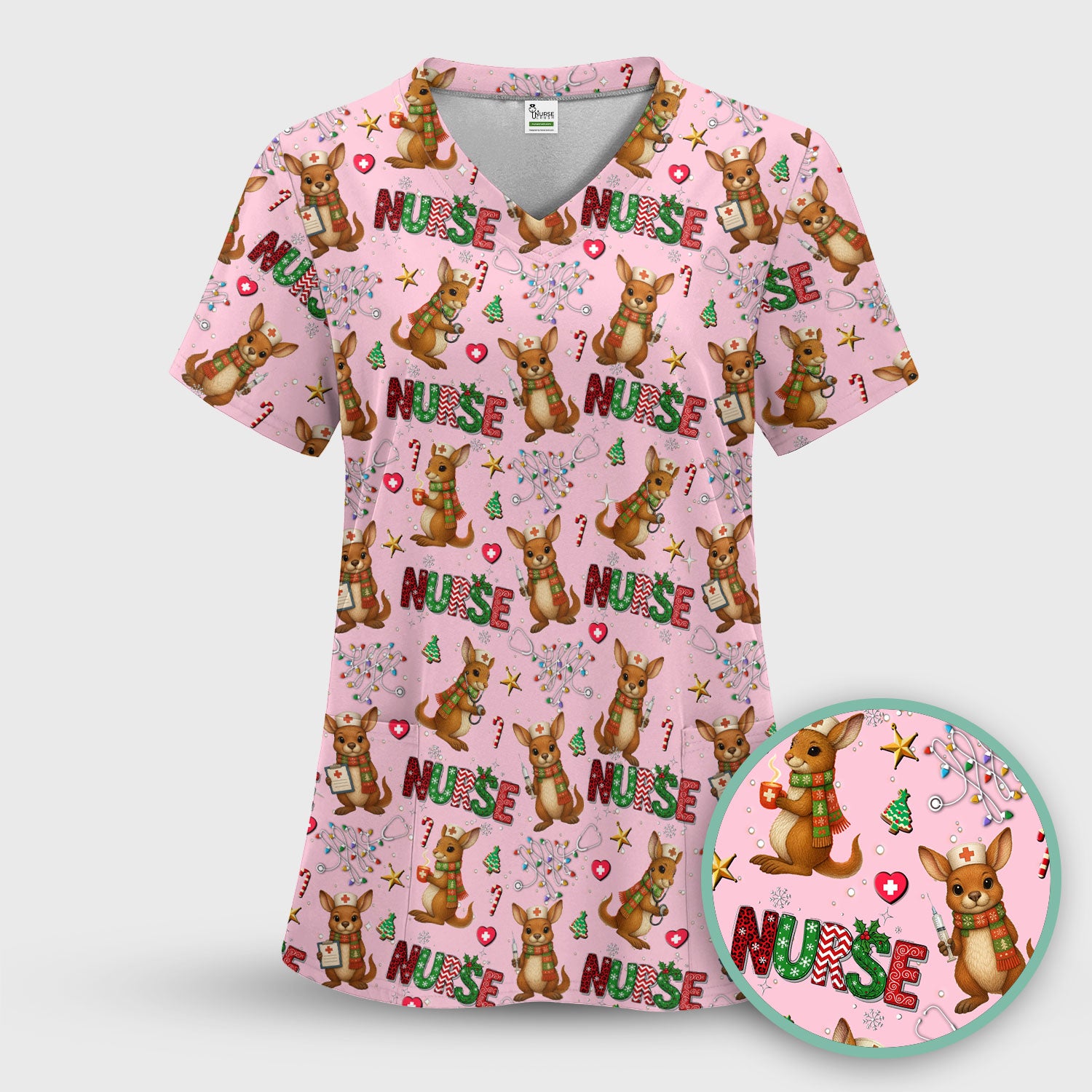 Aussie Kangaroo Christmas Scrub Top - Funny Holiday Nurse Shirt for Women - Cute Animal Medical Uniform