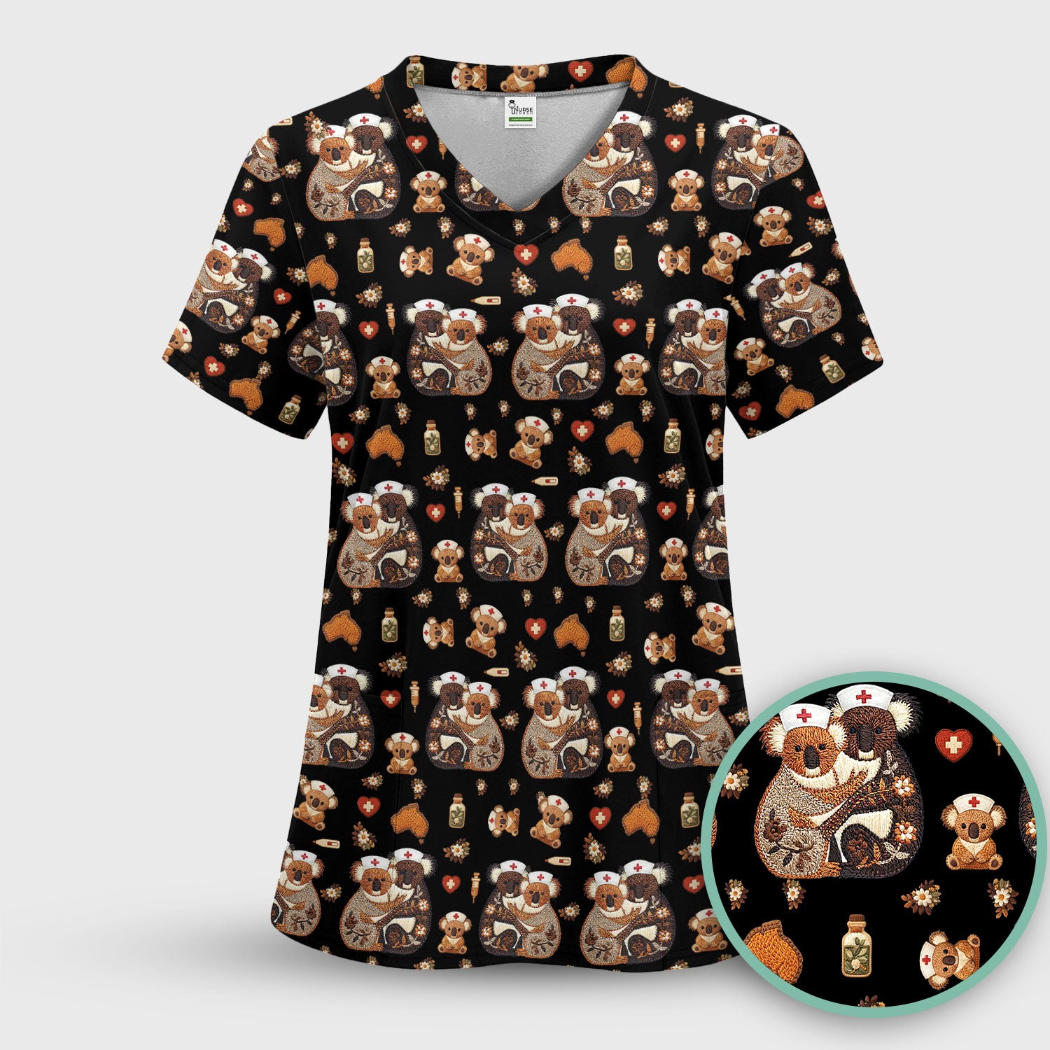 Cute Cartoon Koala Valentine Nurse Design Scrub Top, Breathable Fabrics Nursing Uniform