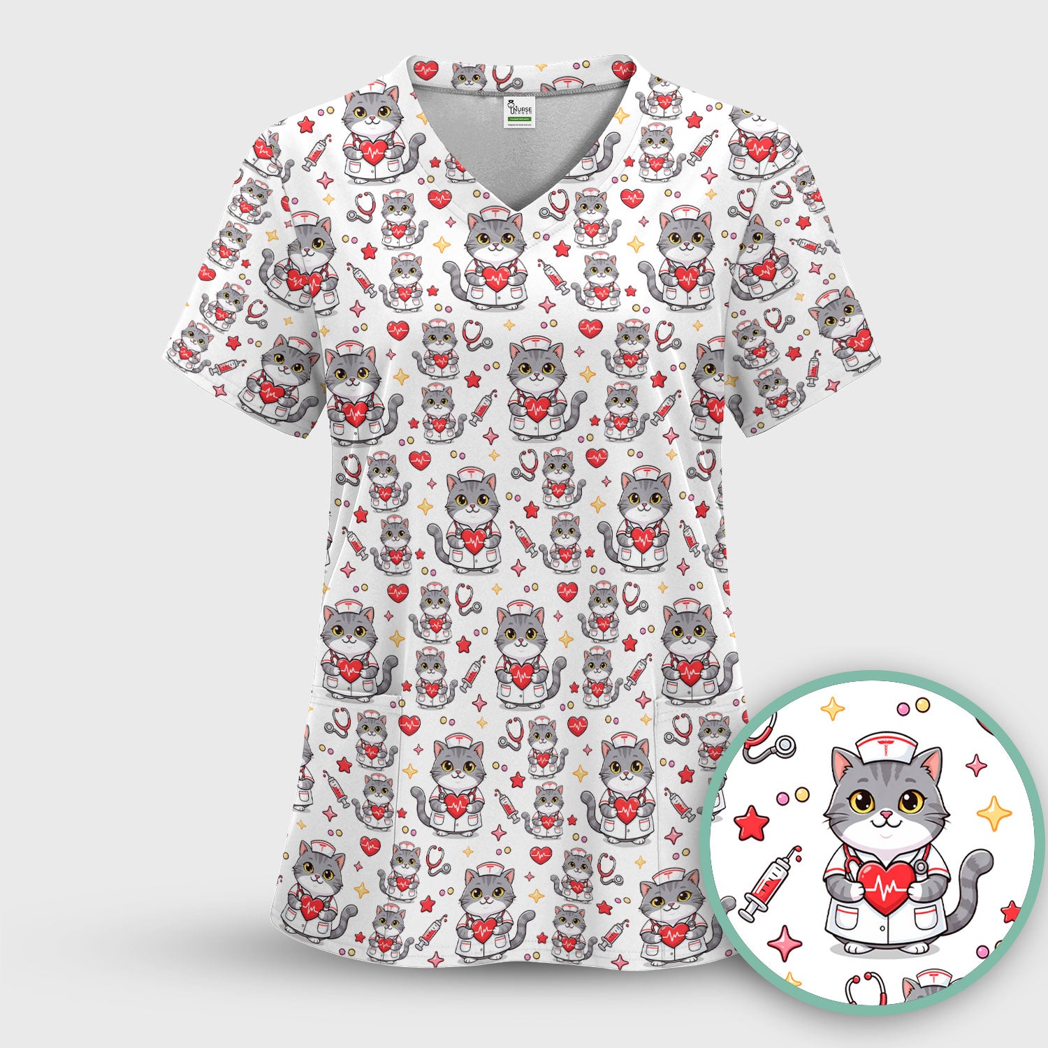 Cute Nurse Cat Heart Medical Print Scrub Top, Comfortable Scrubs for Nurses
