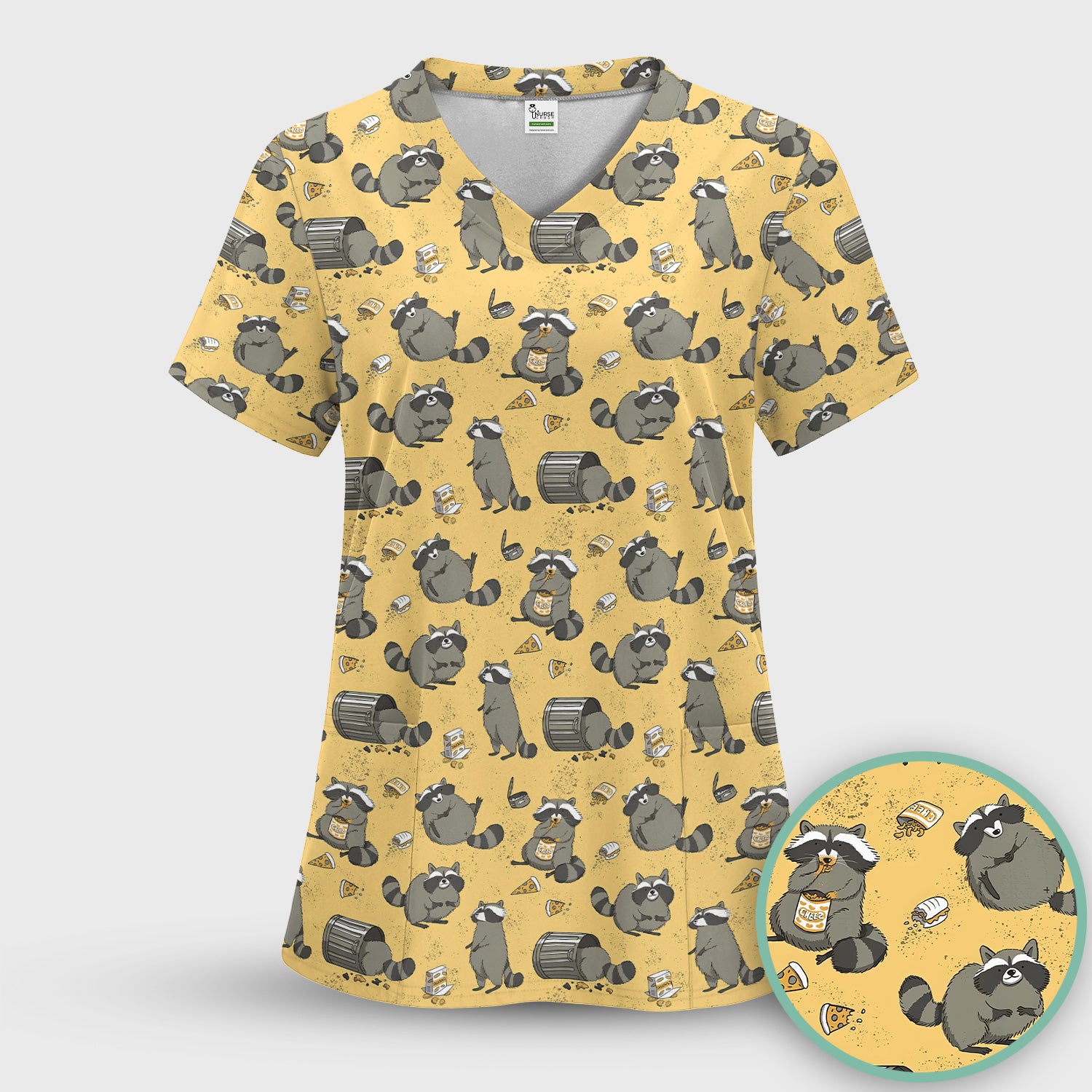 Raccoon Snack And Trash Can Pattern Scrub Set, Breathable Med Uniform