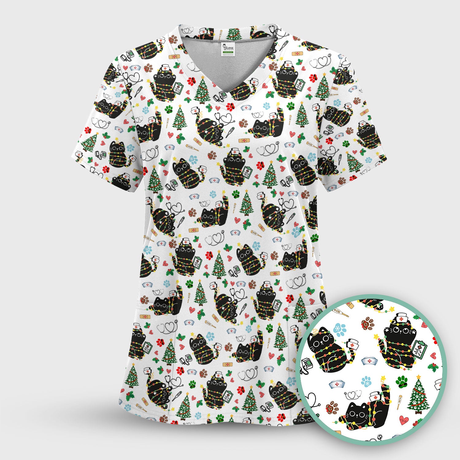 Funny Black Cat Christmas Scrub Top – Cute Holiday Kitty Pattern – Festive Medical Uniform for Nurses, Vets, and Cat Lovers