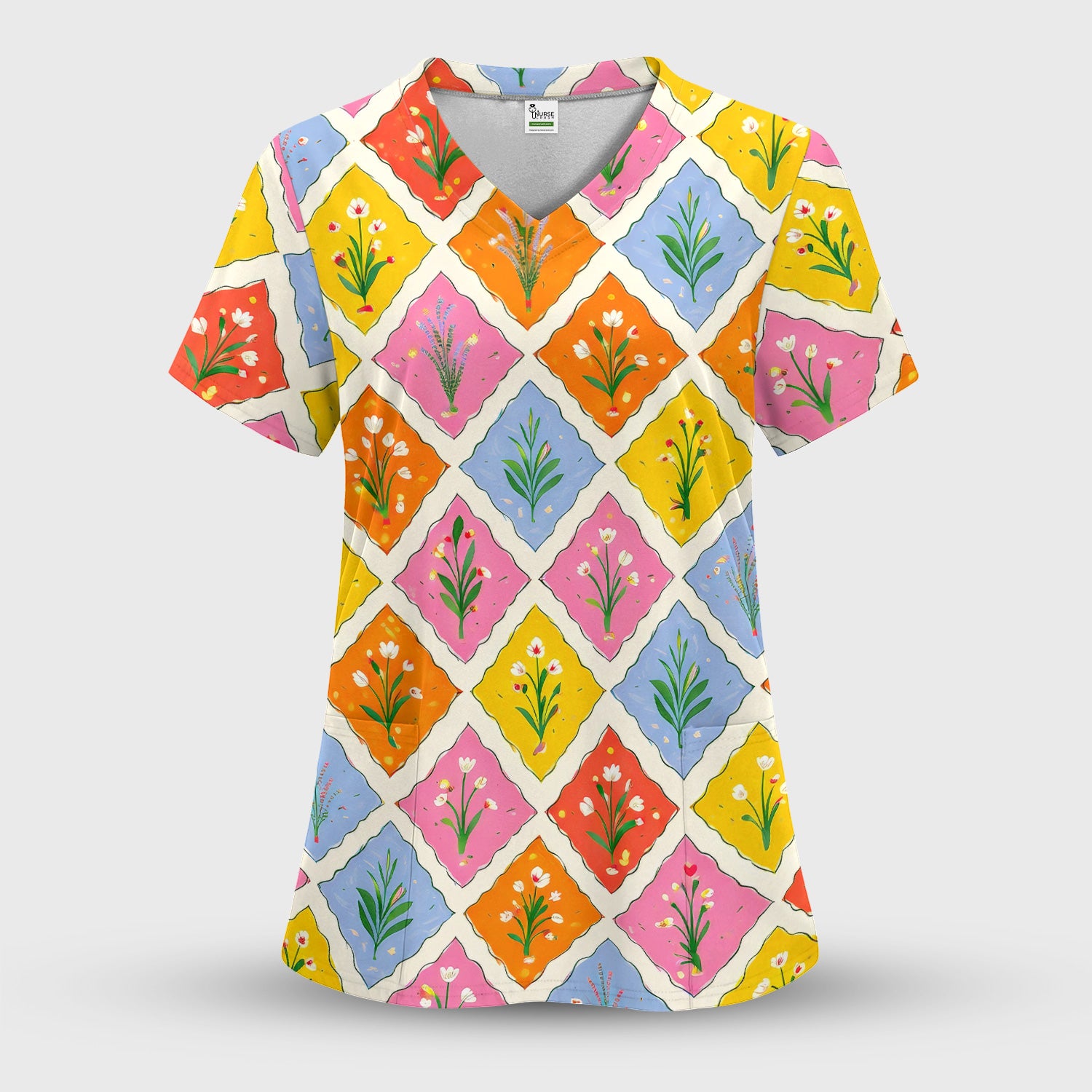 Cute Colorful Floral Tile Pattern Scrub Set, Women's Scrub Sets