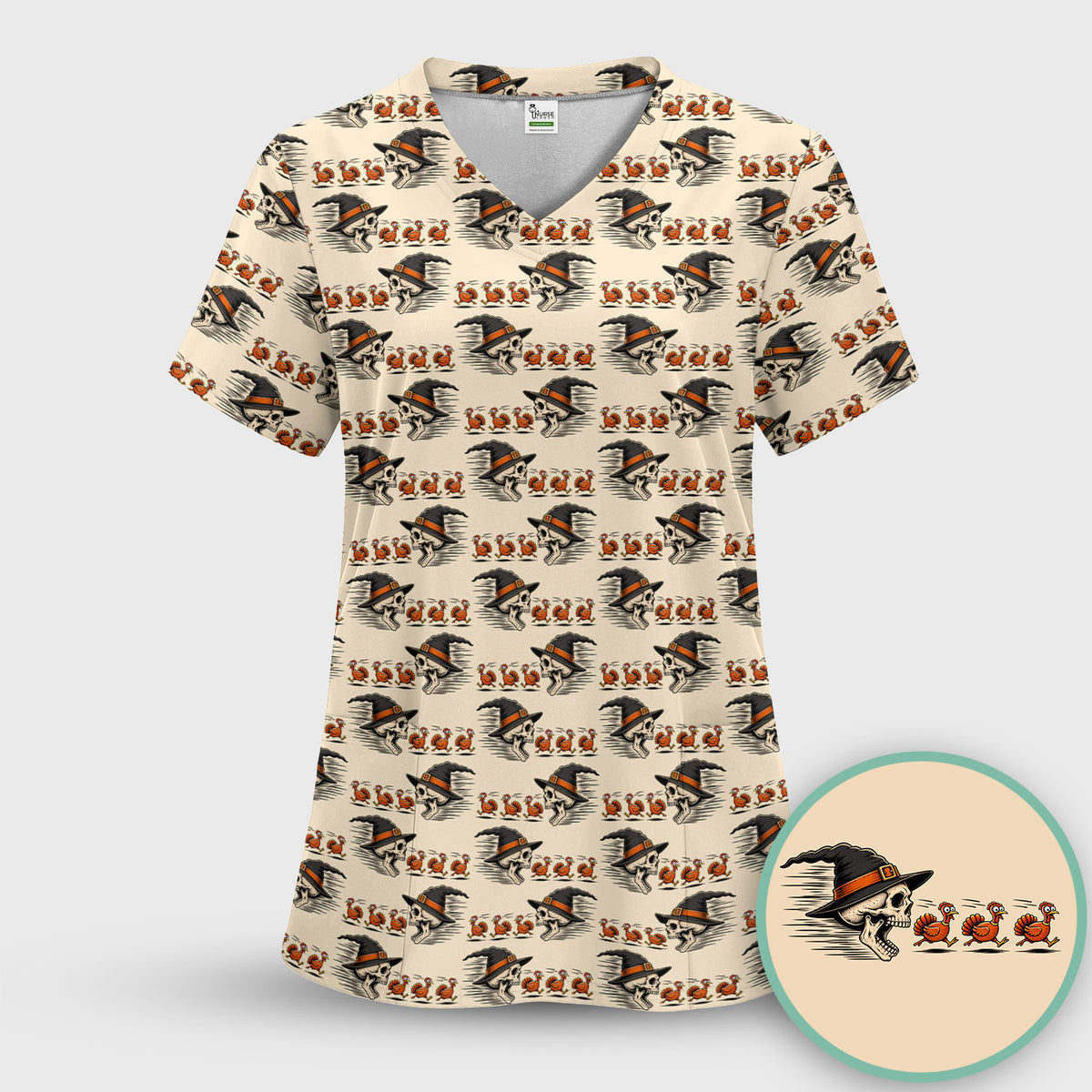 Funny Thanksgiving Skull Chasing Turkeys Pattern Scrub Top, Comfortable Scrubs for Nurses