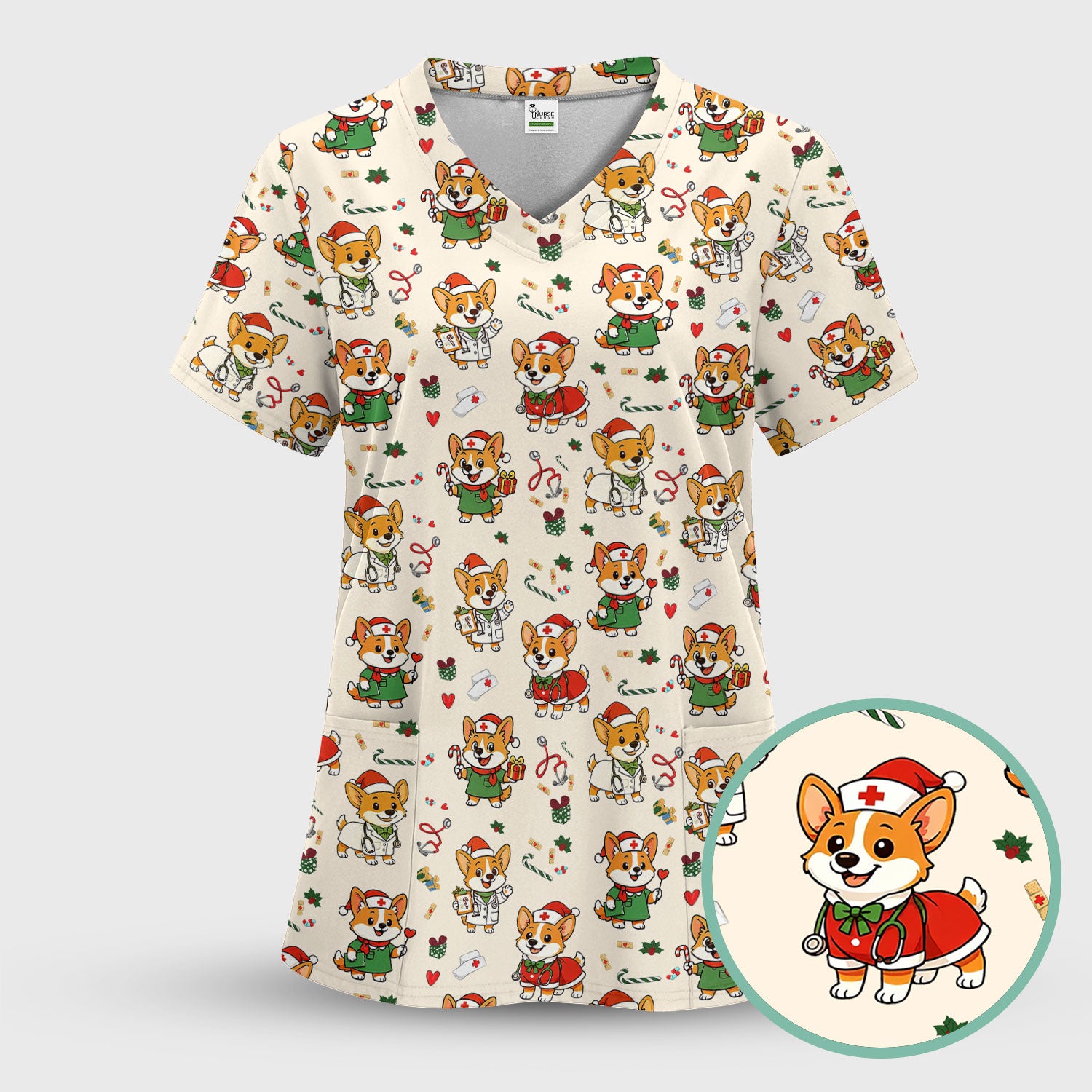 Christmas Corgi Nurse Scrub Top - Cute Dog Holiday Medical Uniform for Women - Funny RN CNA LPN Nursing Shirt Gift
