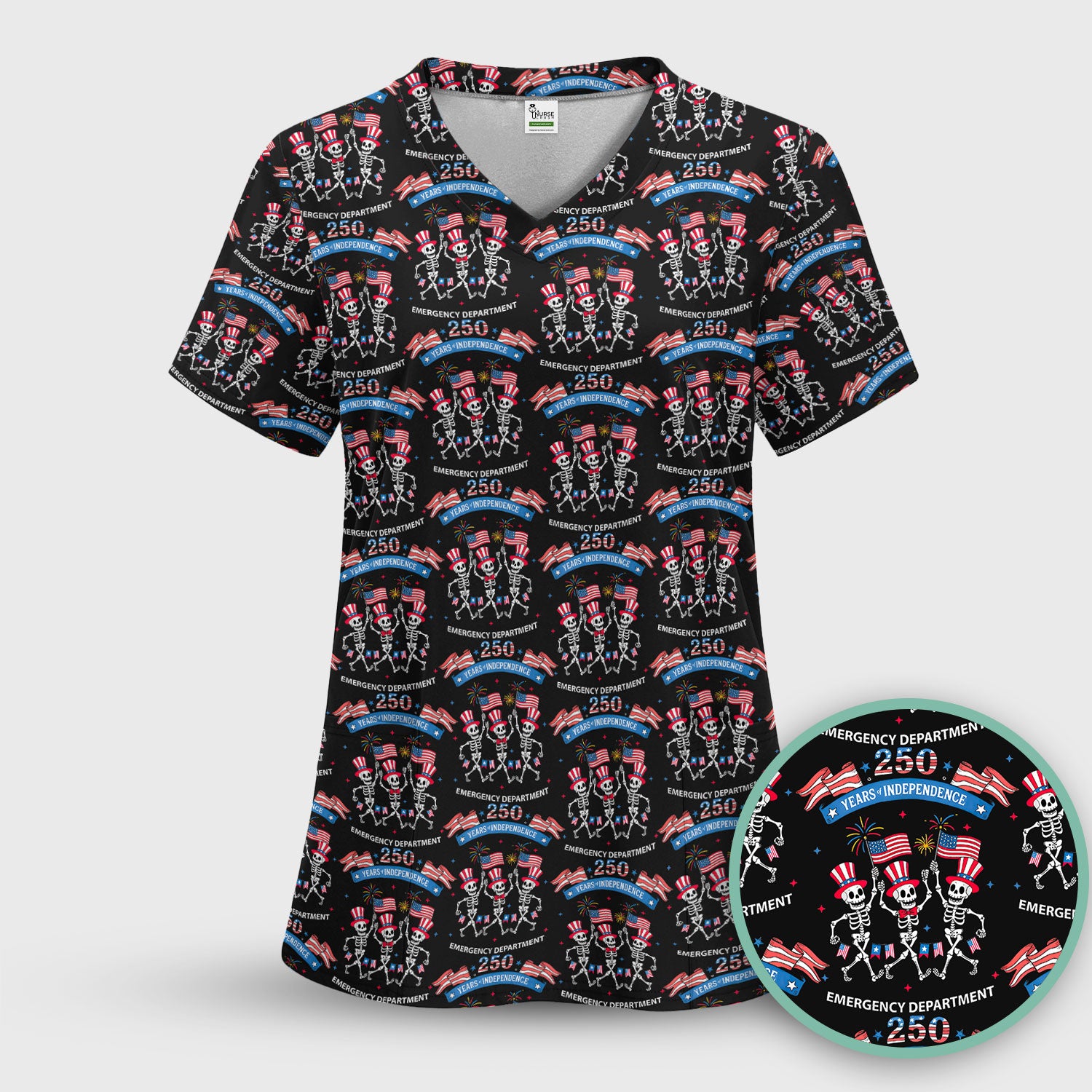 Patriotic Skeleton 250 Years ER Print Scrub Sets, Breathable Med Uniform