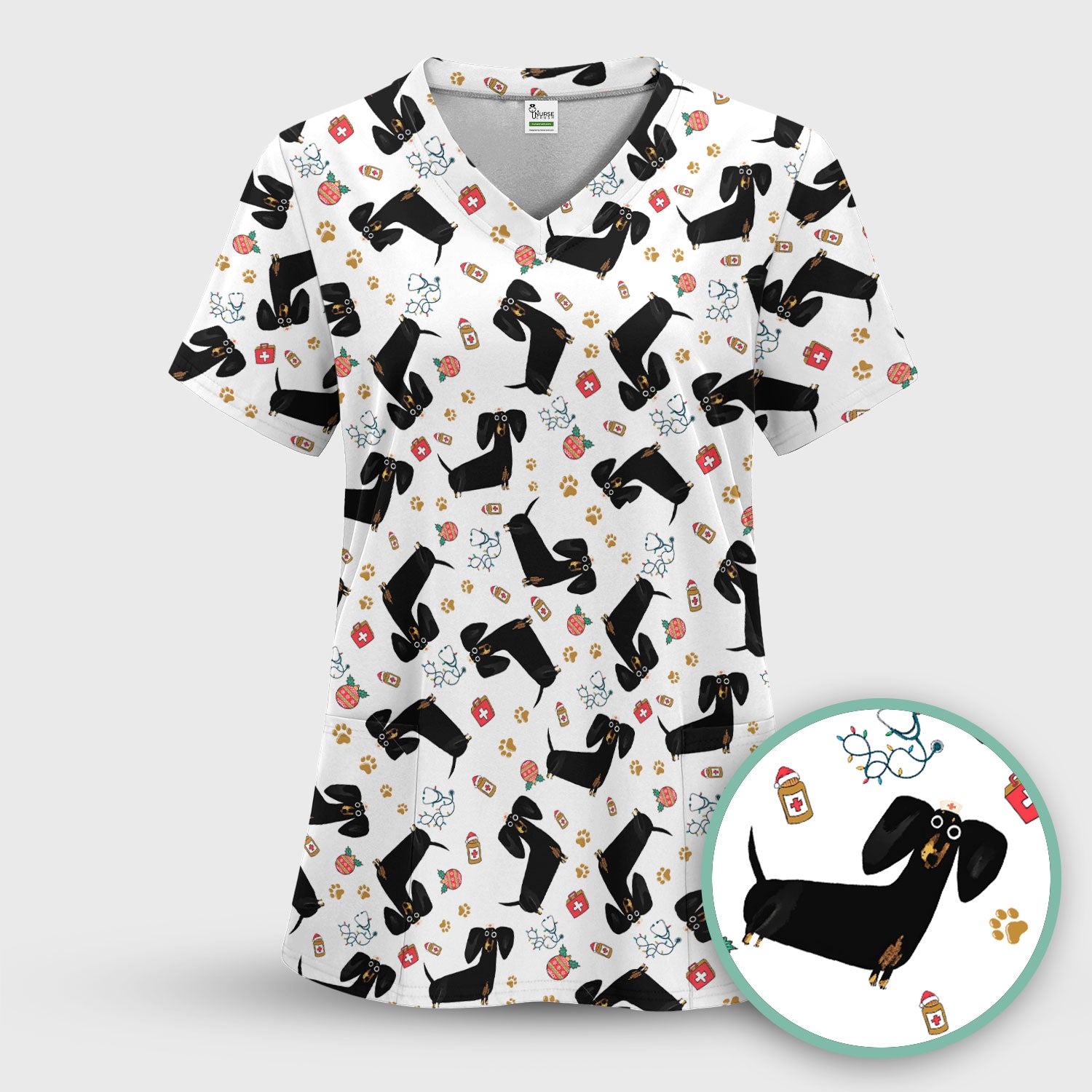 Funny Wiener Dog Scrub Top for Nurses - Cute Black Dachshund Medical Shirt - Dog Lover Nursing Uniform Gift for Women