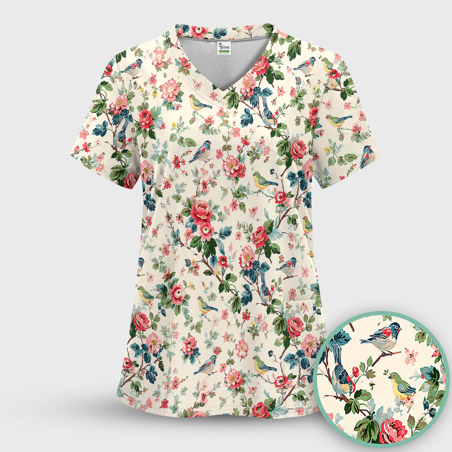 Songbird Rose Garden Pattern Scrub Top, Comfortable Scrubs for Nurses
