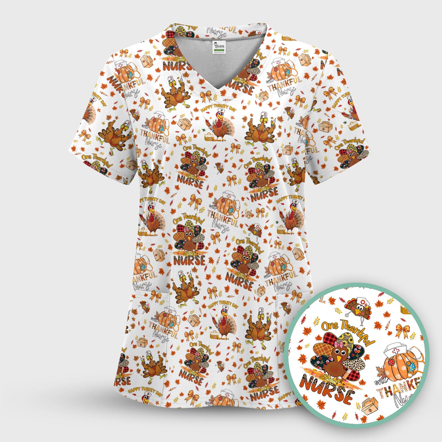 Thanksgiving Nurse Shirt for Women - Turkey Pumpkin Scrub Top for Nurses - Fall Med Uniform for RN CNA LPN