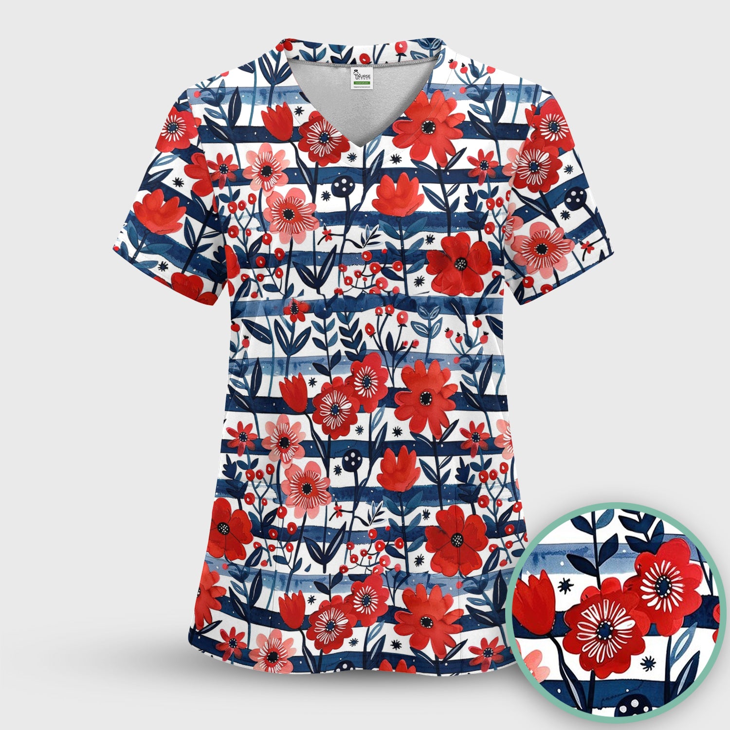 Red Poppy Navy Stripe Pattern Scrub Top, Comfortable Scrubs for Nurses