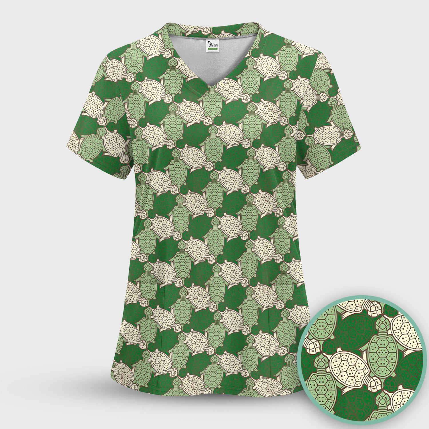 Green Sea Turtle Shell Pattern Scrub Top, Comfortable Scrubs for Nurses