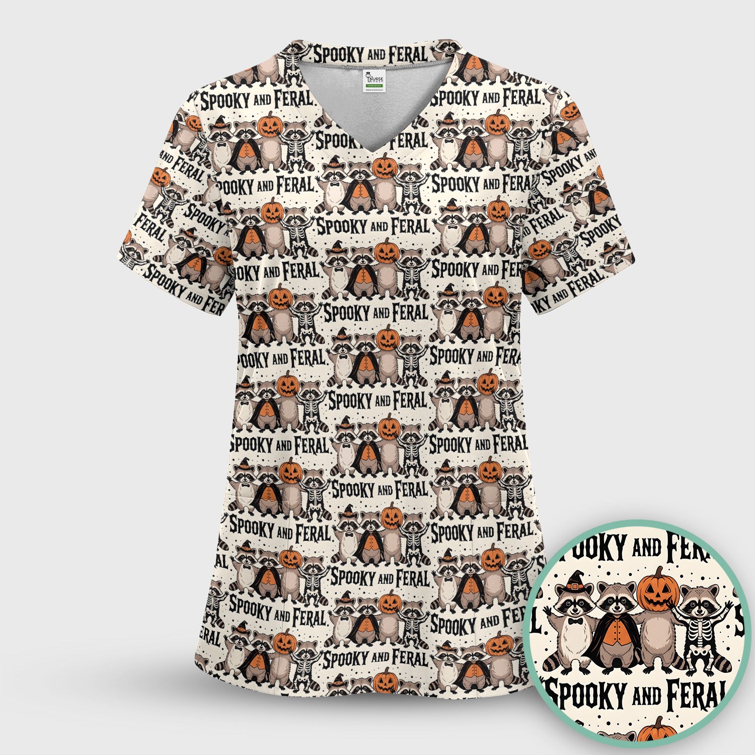 Spooky and Feral Raccoon Print Scrub Top, Comfortable Scrubs for Nurses