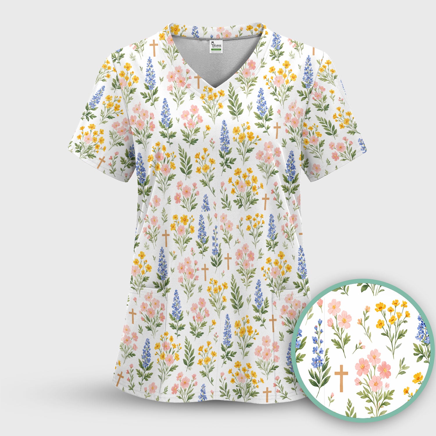 Pastel Floral Cross Nursing Scrub Top, Breathable Fabrics Nursing Uniform