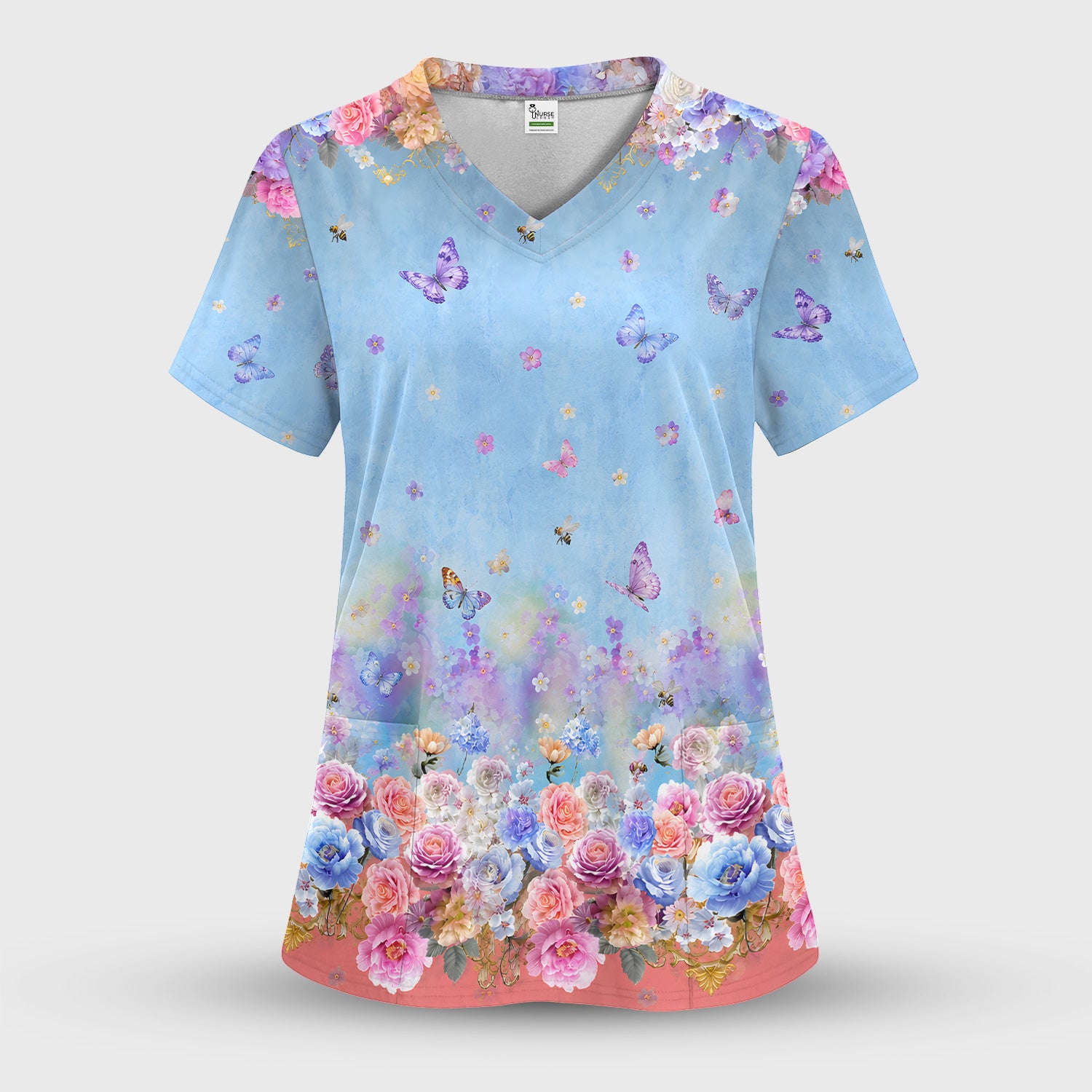 Pastel Flower Garden Print Scrub Top, Comfortable Scrubs for Nurses