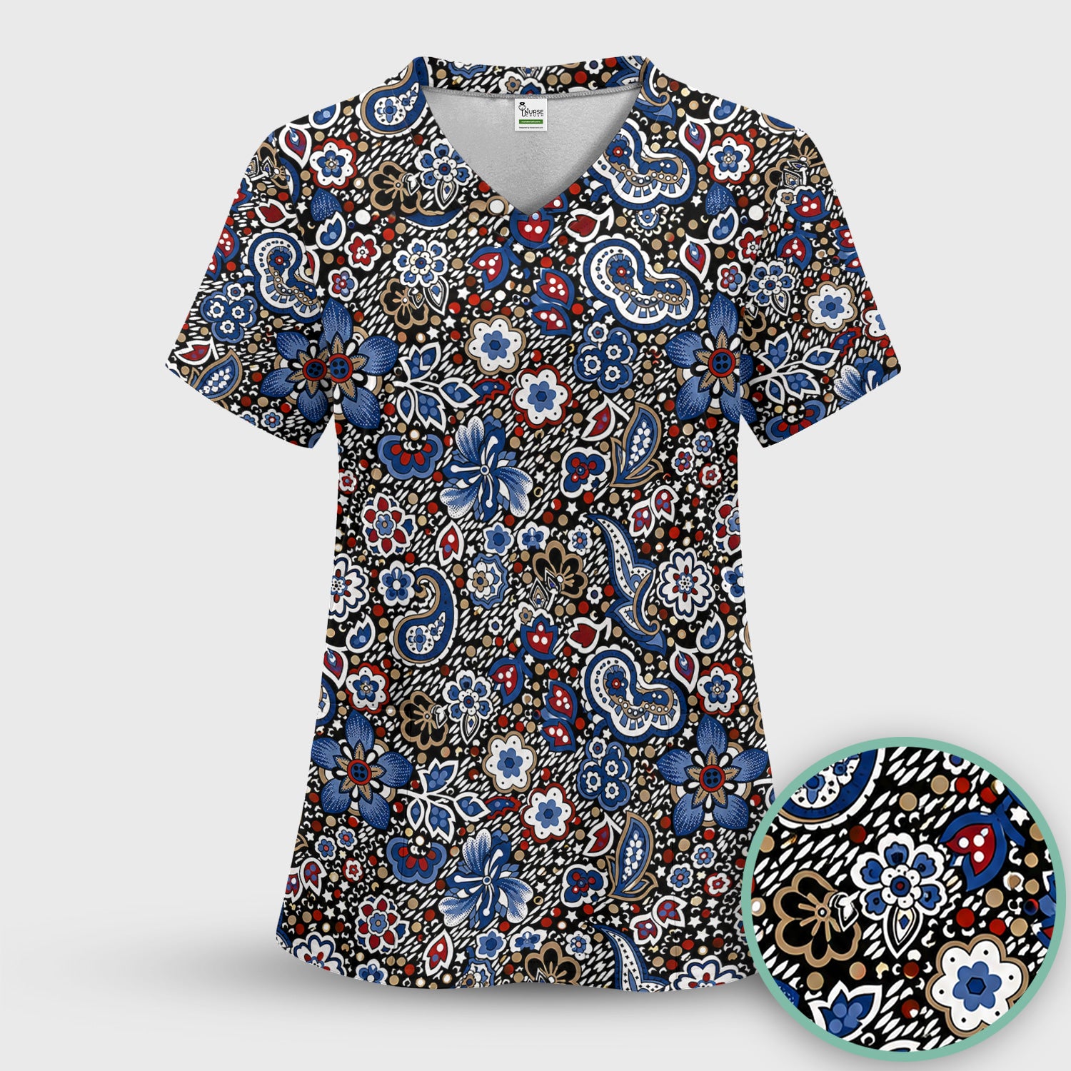 Classic Paisley Floral Pattern Scrub Top, Comfortable Scrubs for Nurses