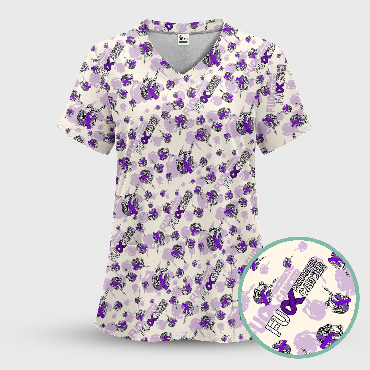 Pancreatic Cancer Awareness Scrub Top - Fuck Cancer Purple Ribbon Nurse Shirt - Strong Gift Idea for Survivors, Fighters & Supporters