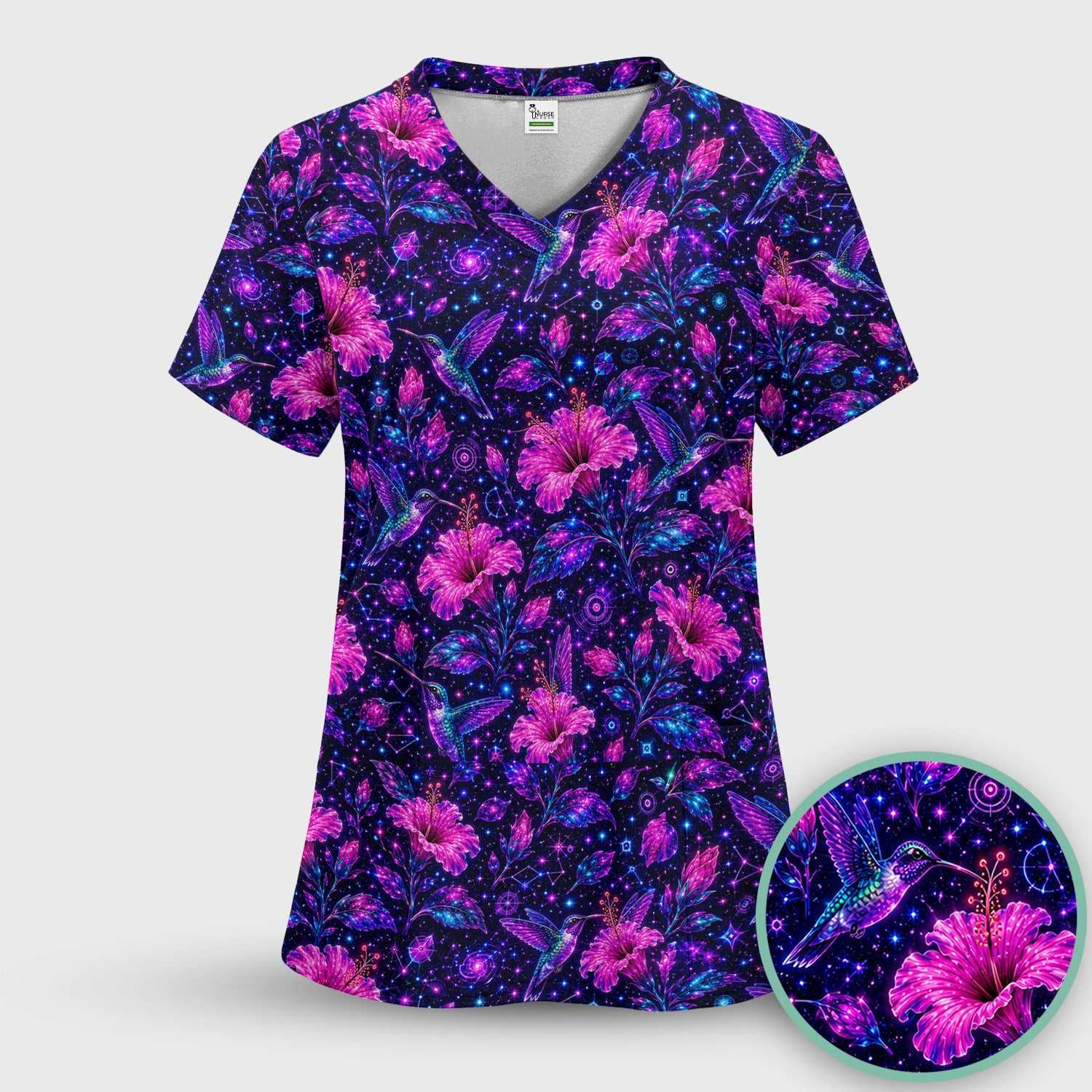 Galaxy Floral Hummingbird Nurse Pattern Scrub Top, Comfortable Scrubs for Nurses