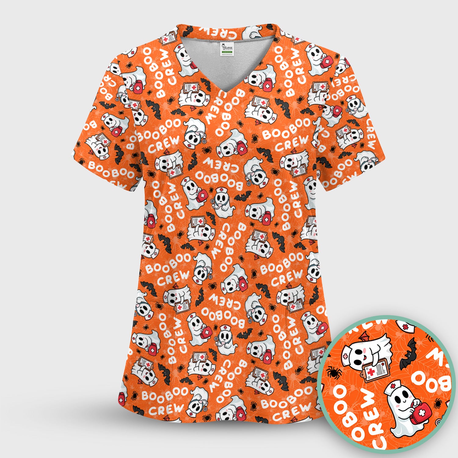 Cute Halloween Boo Boo Crew Ghost Scrub Set, Scrub Pants and V Neck Top