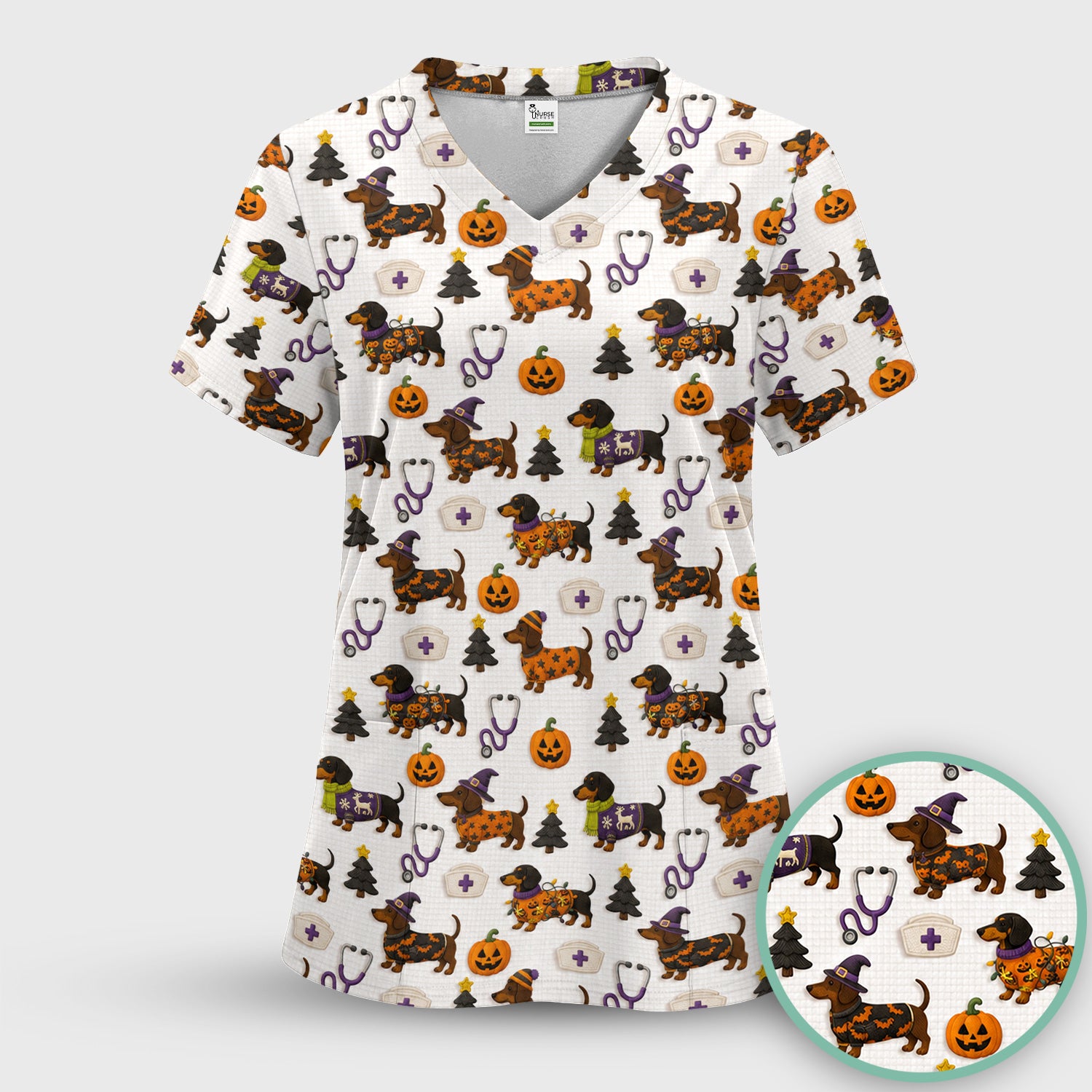Halloween Dachshund with Pumpkin Stethoscope Print Scrub Set, Scrub Pants and V Neck Top